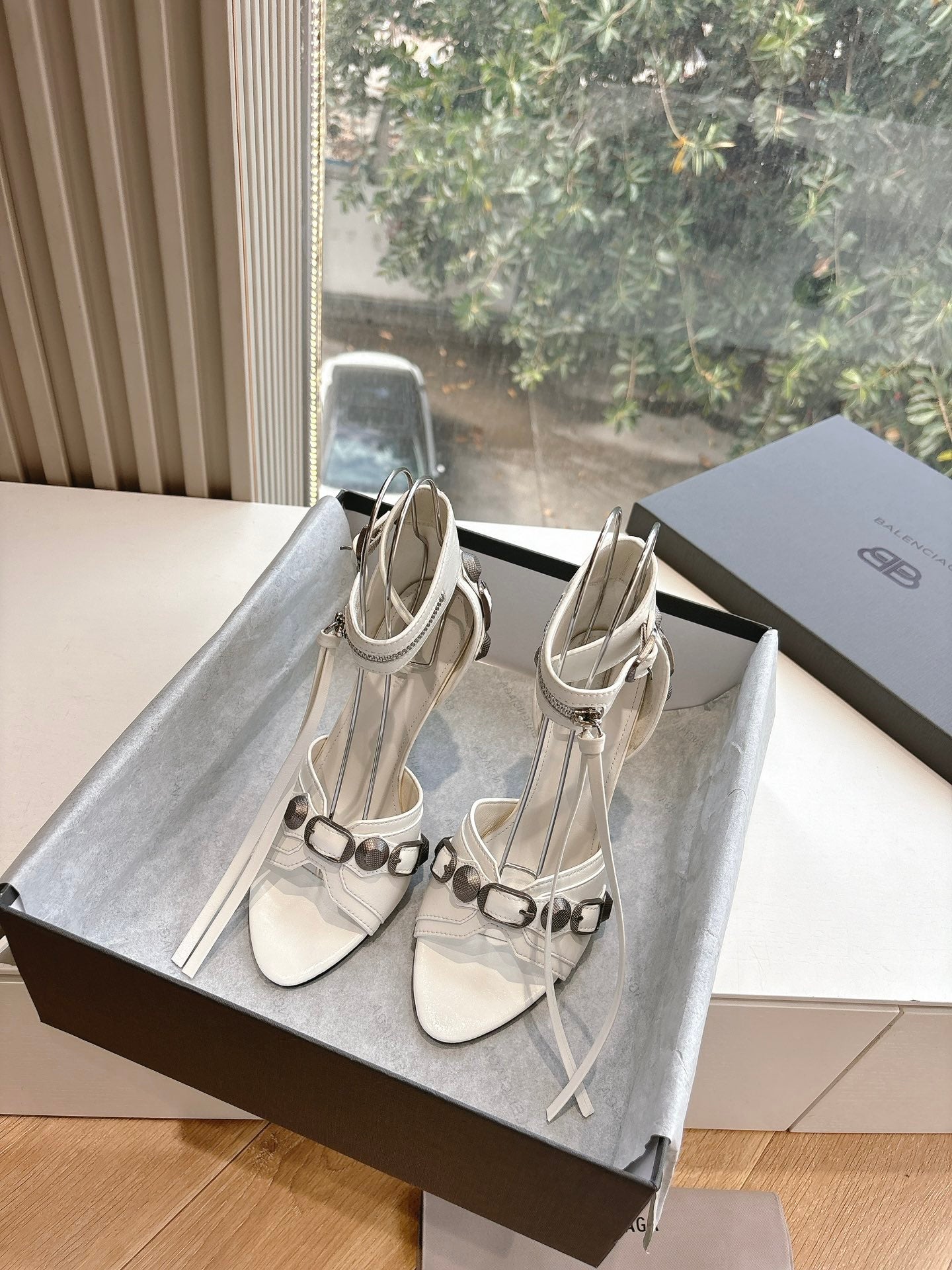 Balanciaga CAGOLE HIGH-HEEL SANDALS IN WHITE LAMBSKIN
