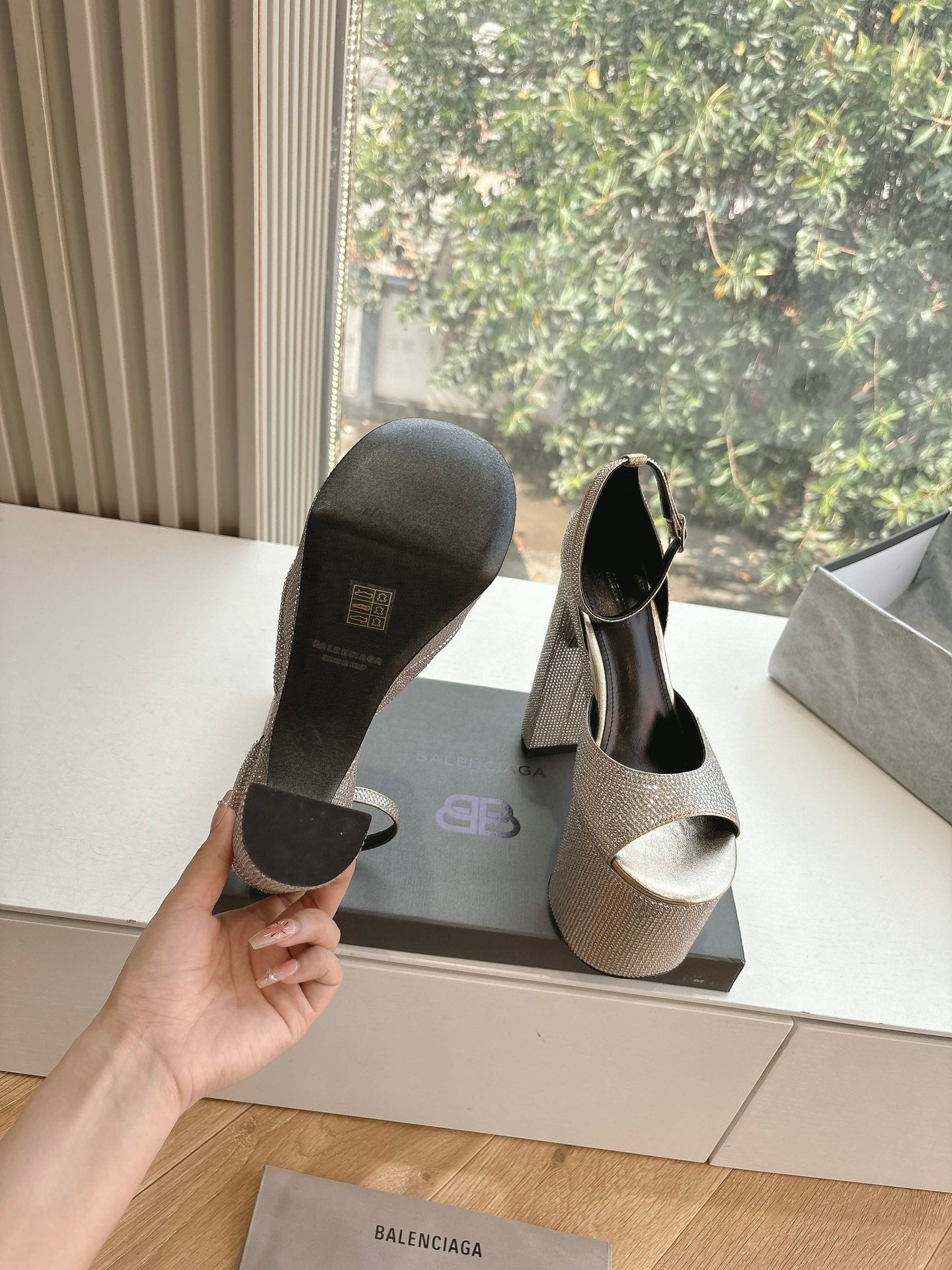 Balanciaga PLATFORM ANKLE STRAP HEELS IN BEIGE METALLIC ATTACHED RHINESTONES CALFSKIN