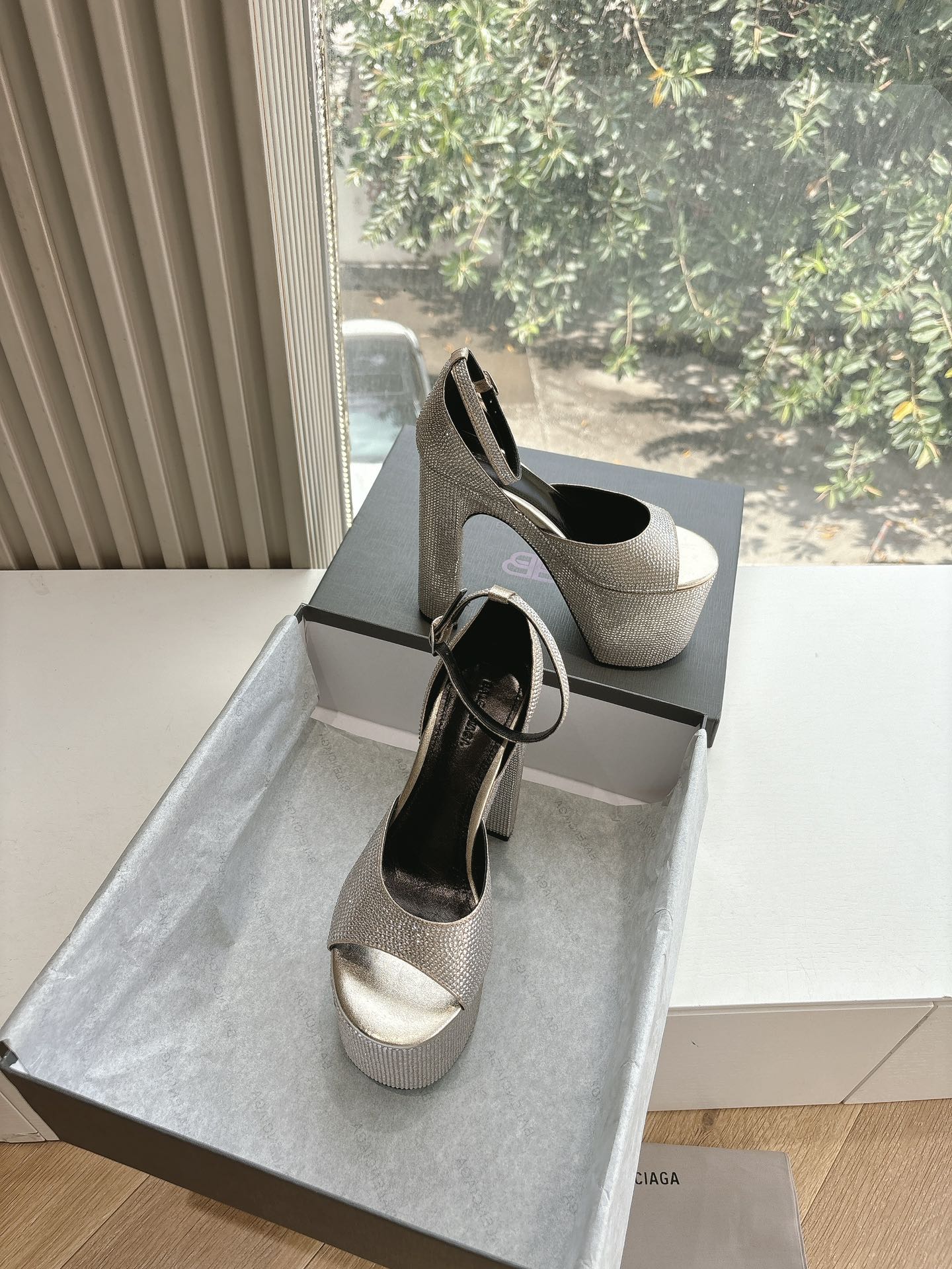 Balanciaga PLATFORM ANKLE STRAP HEELS IN BEIGE METALLIC ATTACHED RHINESTONES CALFSKIN
