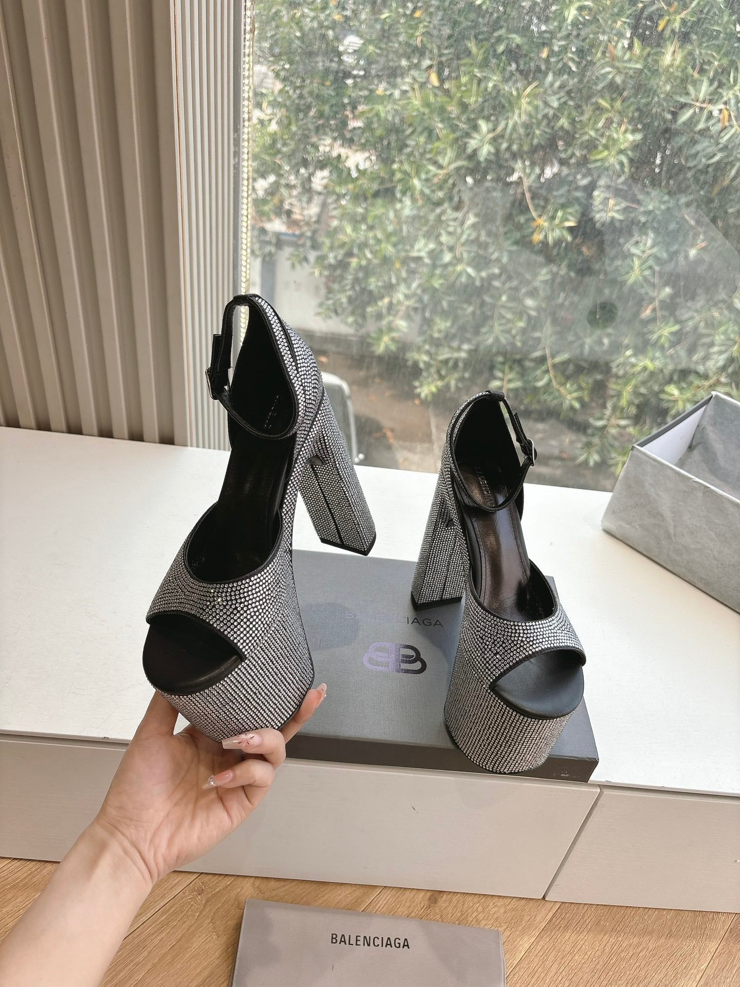 Balanciaga PLATFORM ANKLE STRAP HEELS IN BLACK ATTACHED RHINESTONES CALFSKIN