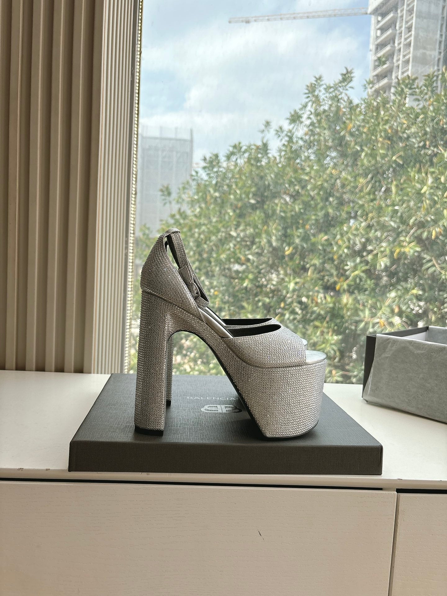 Balanciaga PLATFORM ANKLE STRAP HEELS IN SILVER METALLIC ATTACHED RHINESTONES CALFSKIN