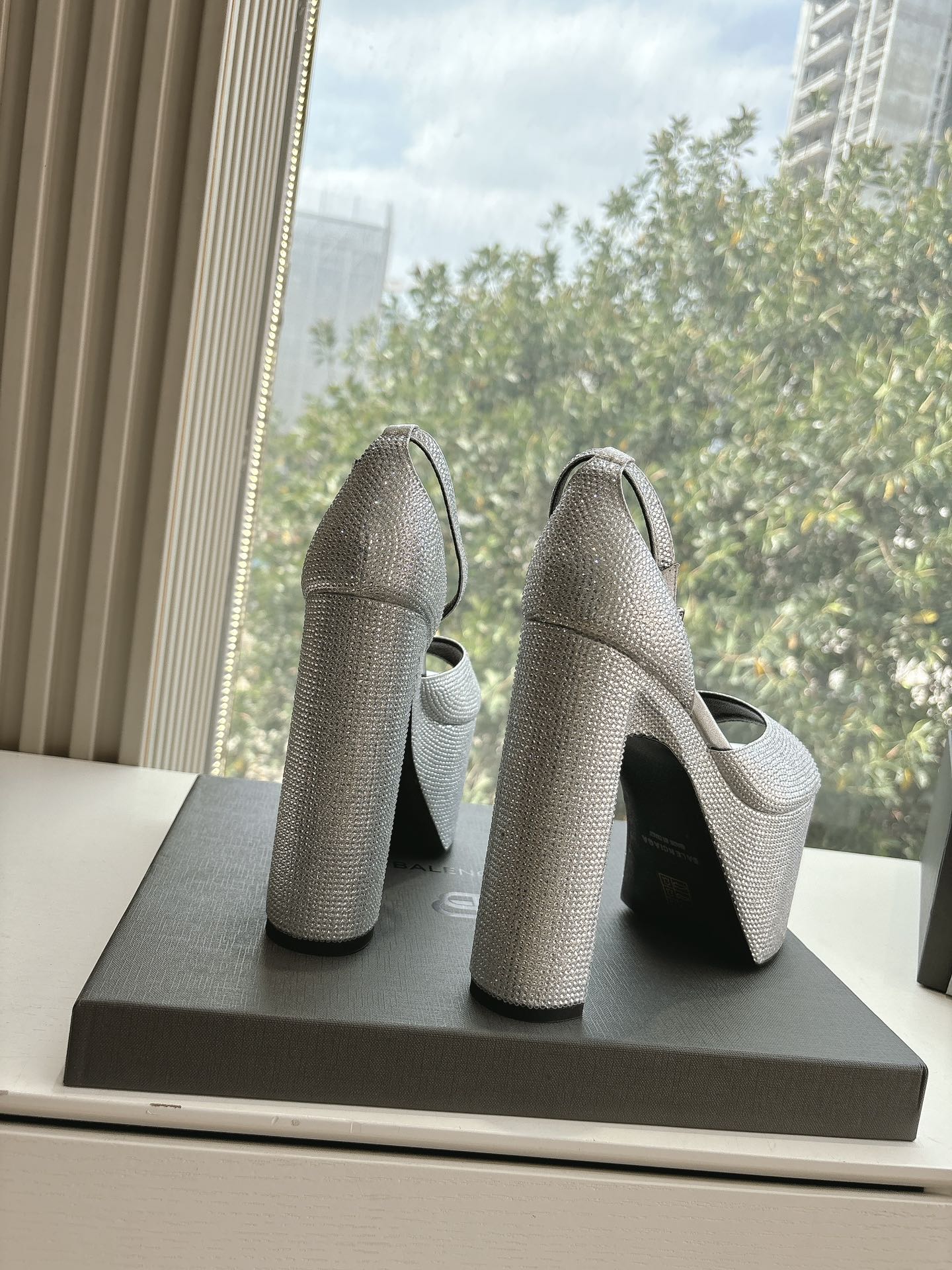 Balanciaga PLATFORM ANKLE STRAP HEELS IN SILVER METALLIC ATTACHED RHINESTONES CALFSKIN