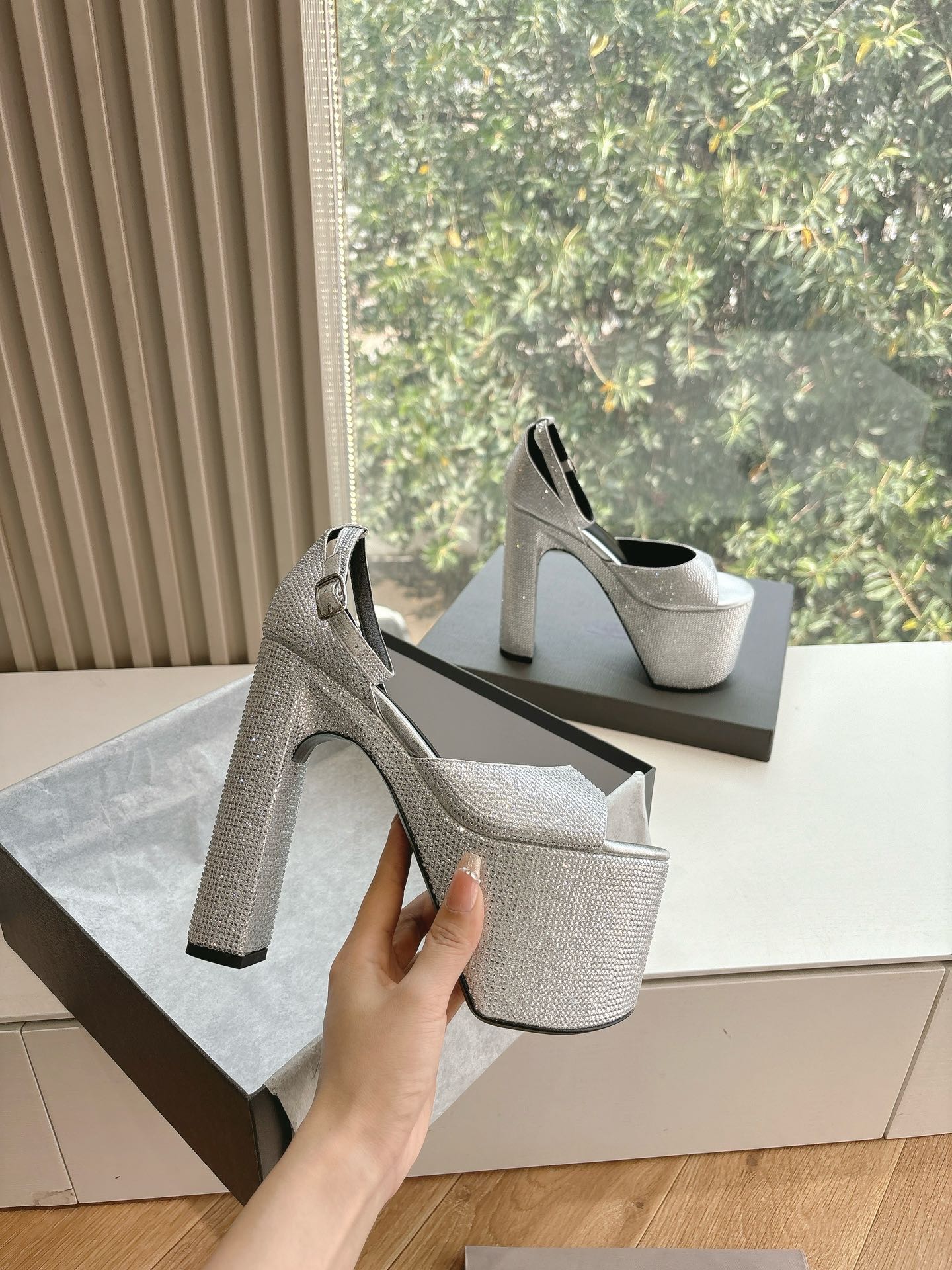 Balanciaga PLATFORM ANKLE STRAP HEELS IN SILVER METALLIC ATTACHED RHINESTONES CALFSKIN