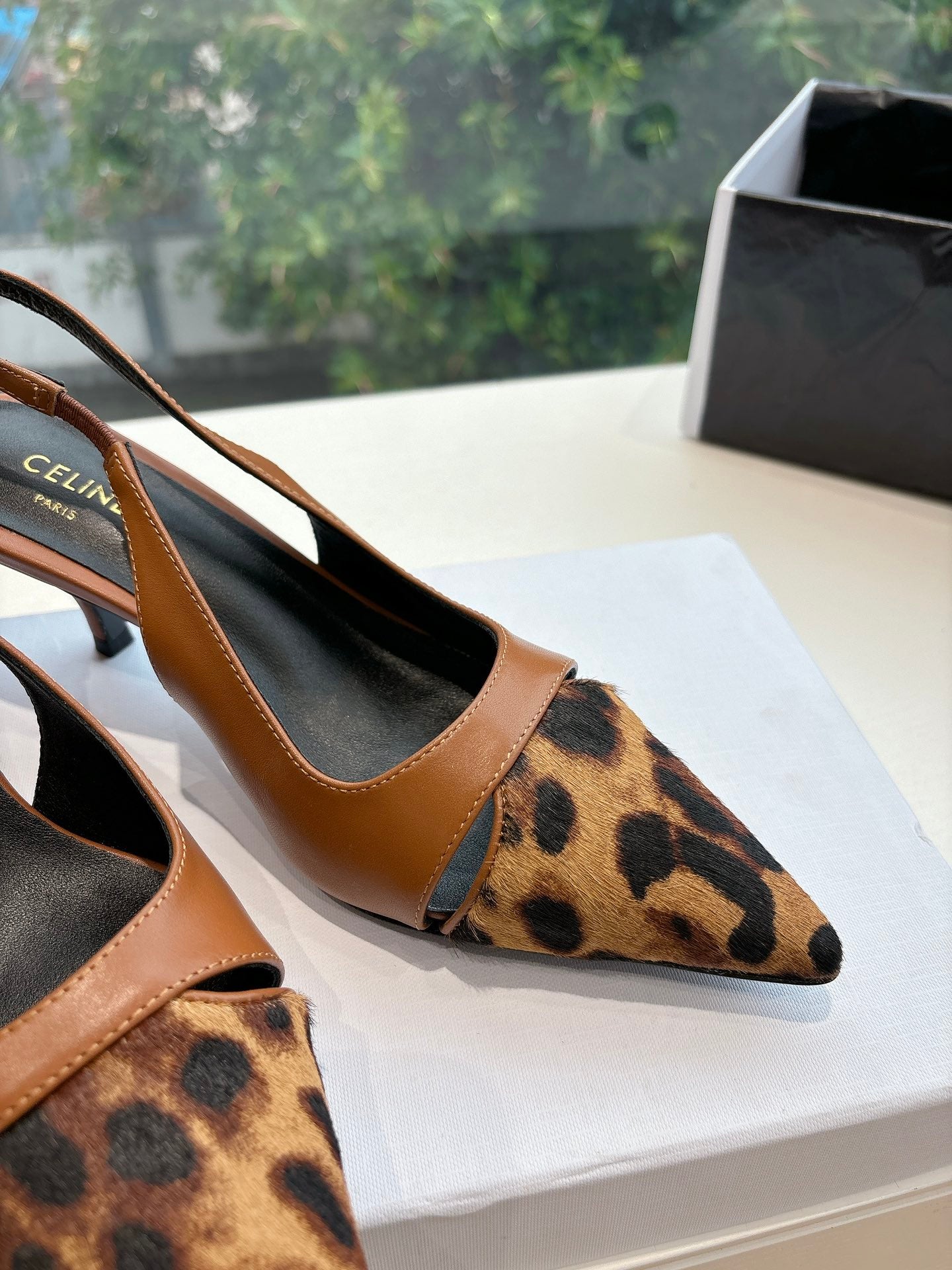 Celine CELINE Slingback Leopard Brown Leather 285984