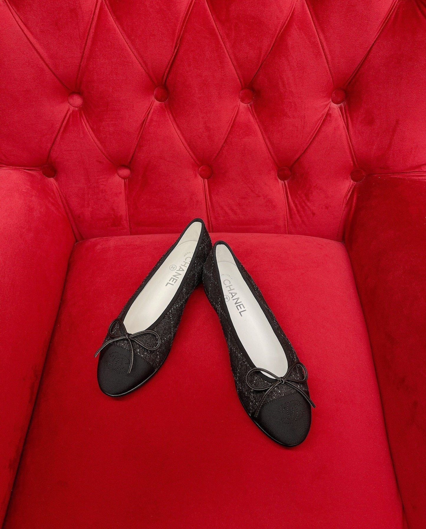 CHANEL ballet flat black denim grosgrain