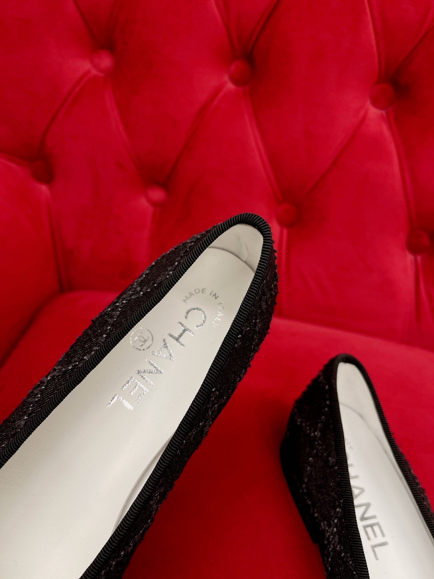 CHANEL ballet flat black denim grosgrain