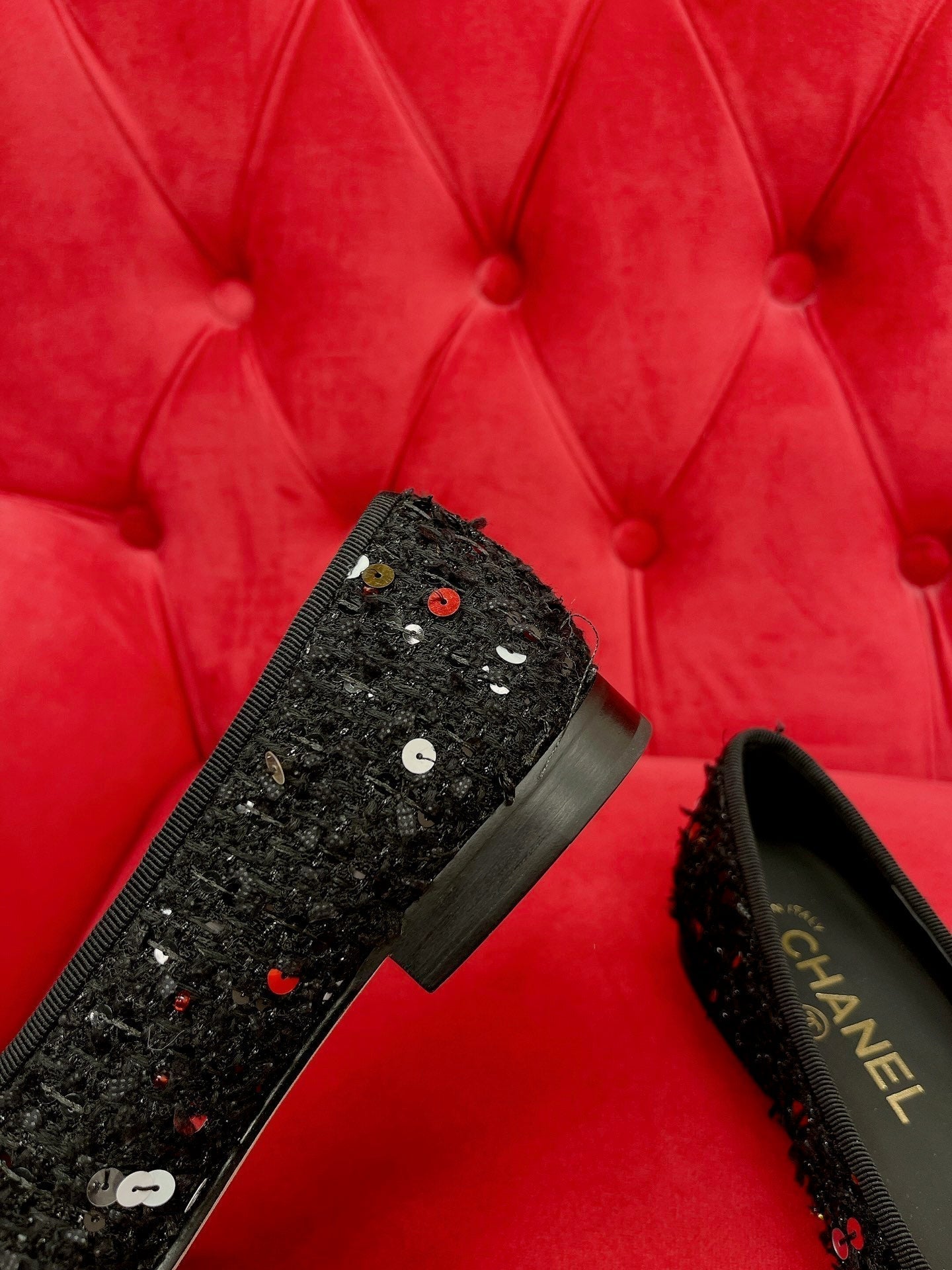 CHANEL ballet flat black gold tweed metal calfskin
