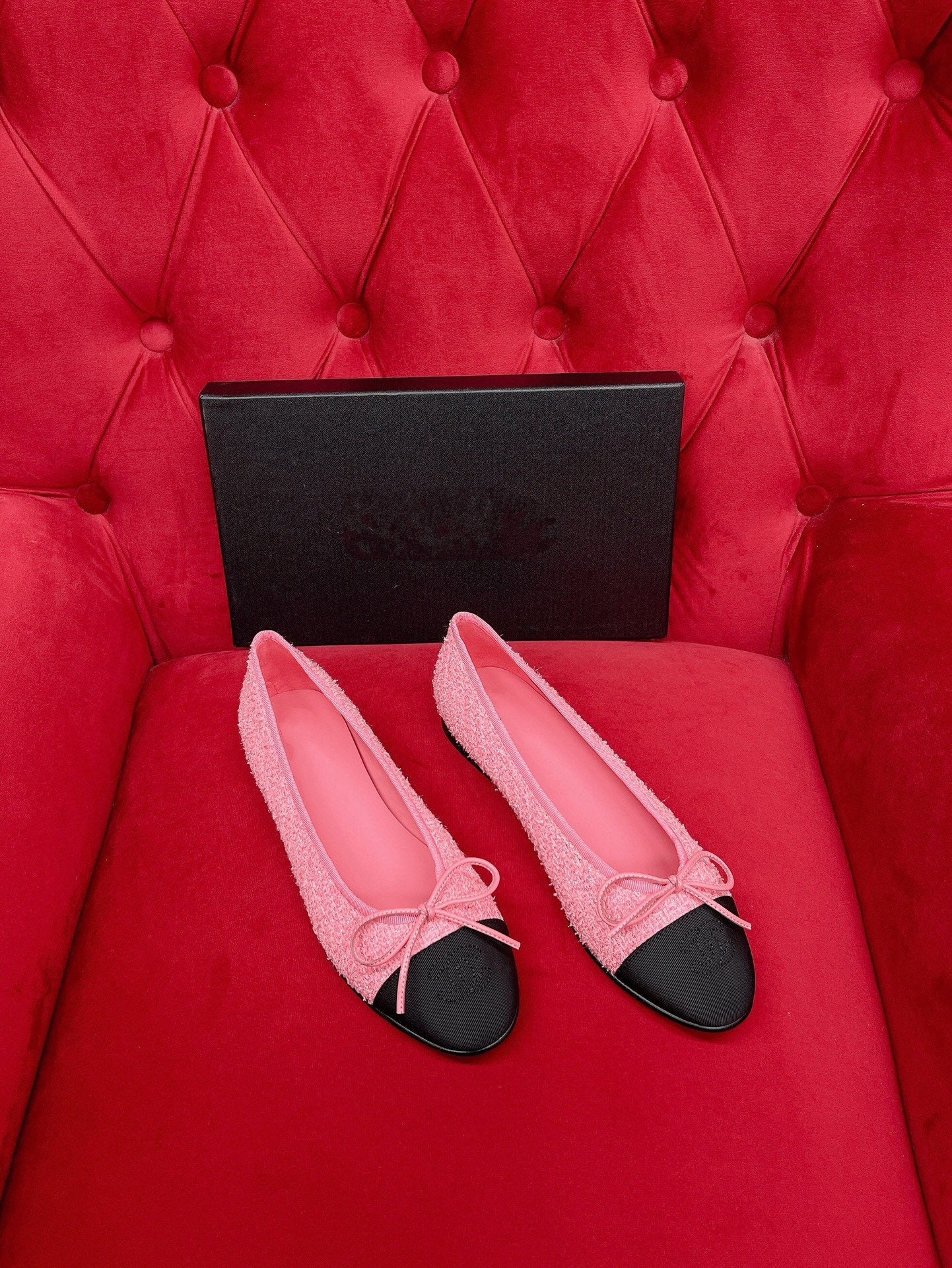 CHANEL ballet flat pink black tweed grosgrain
