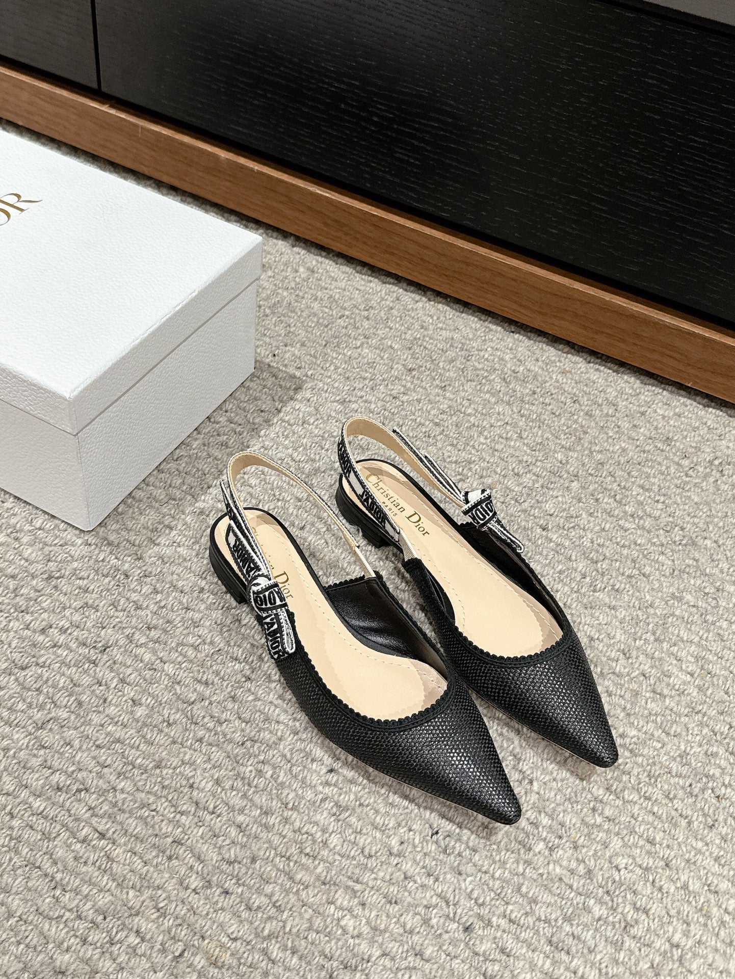DIOR slingback flat black raffia lambskin