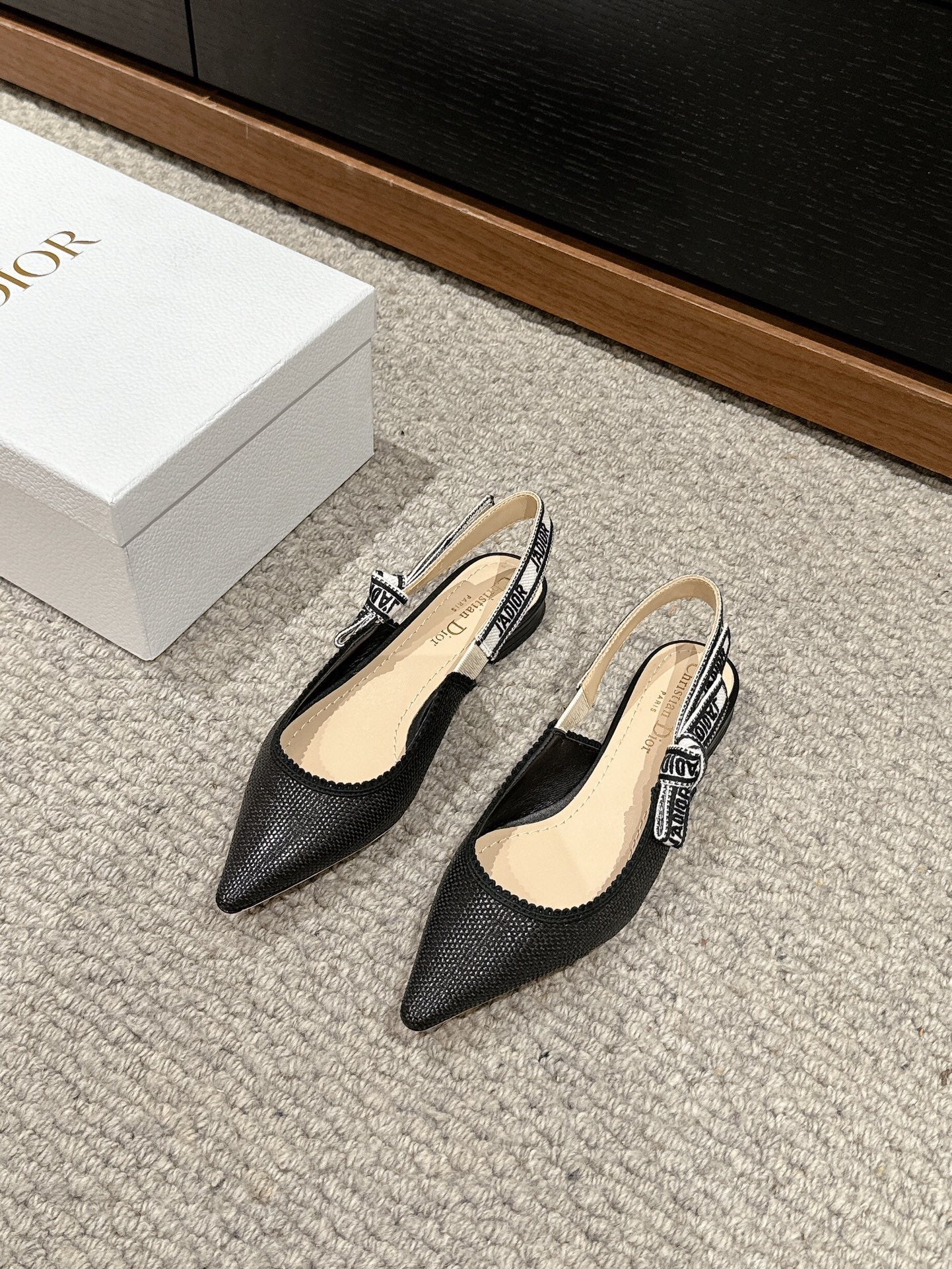 DIOR slingback flat black raffia lambskin