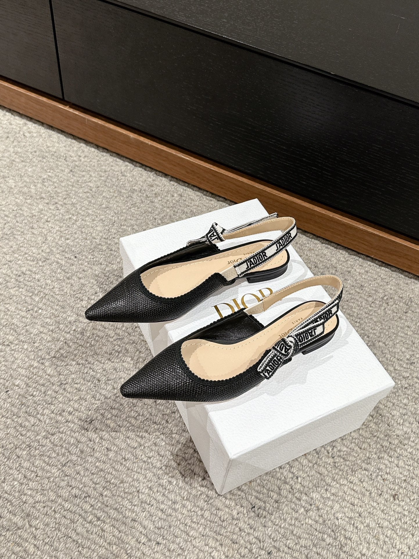 DIOR slingback flat black raffia lambskin