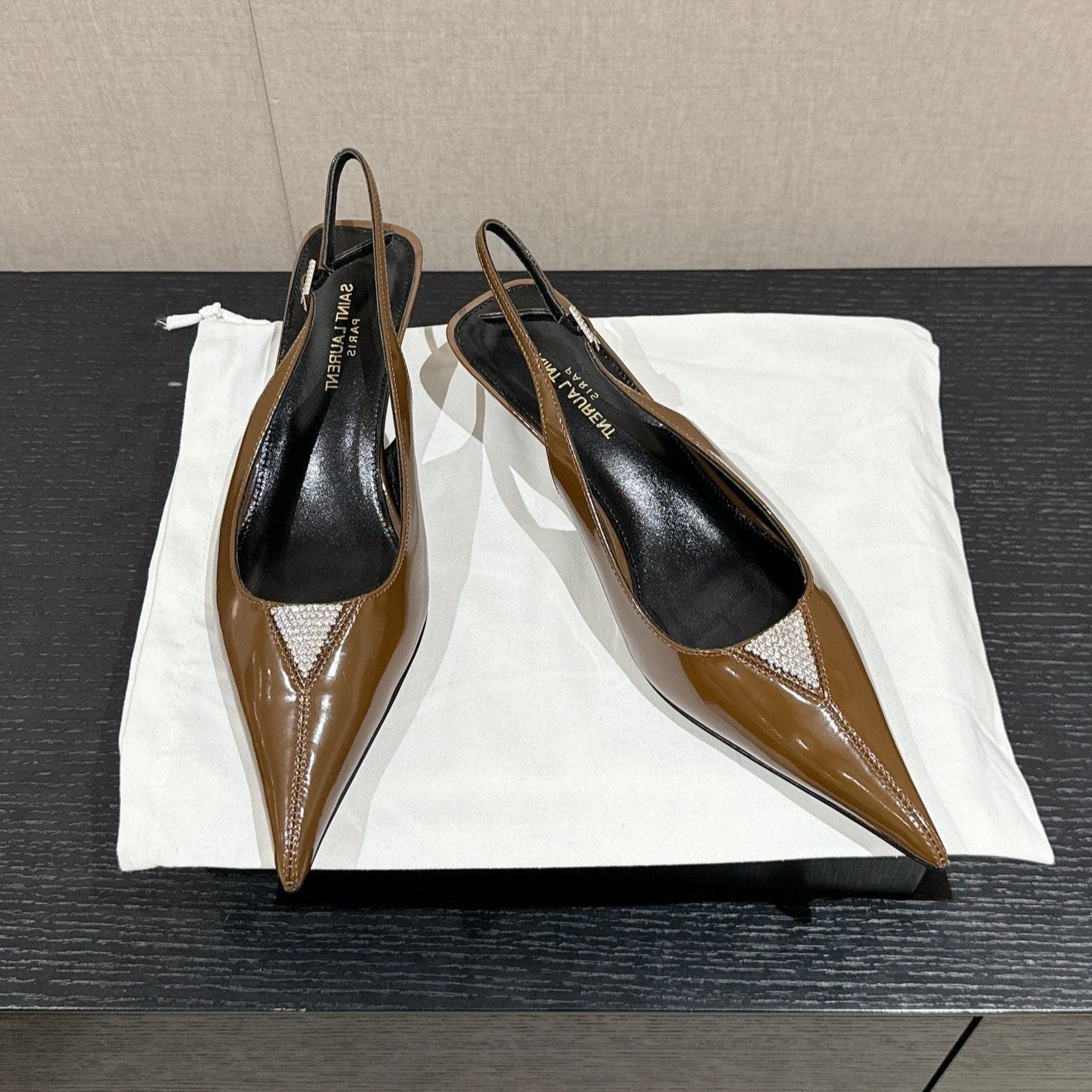 Saint Laurent SL CHERISH CRYSTAL SLINGBACK ASH BROWN CALFSKIN