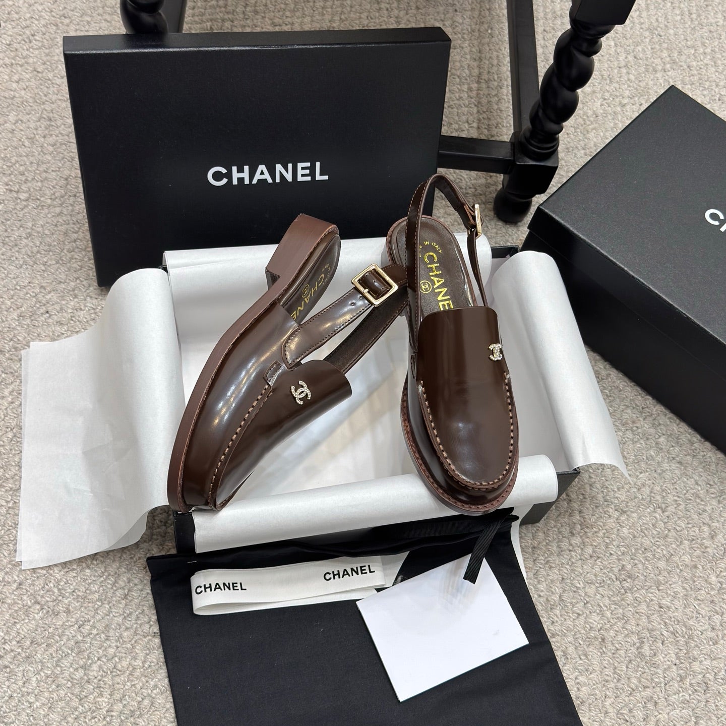 CHANEL 25C Slingback Loafer Chocolate Patent Leather