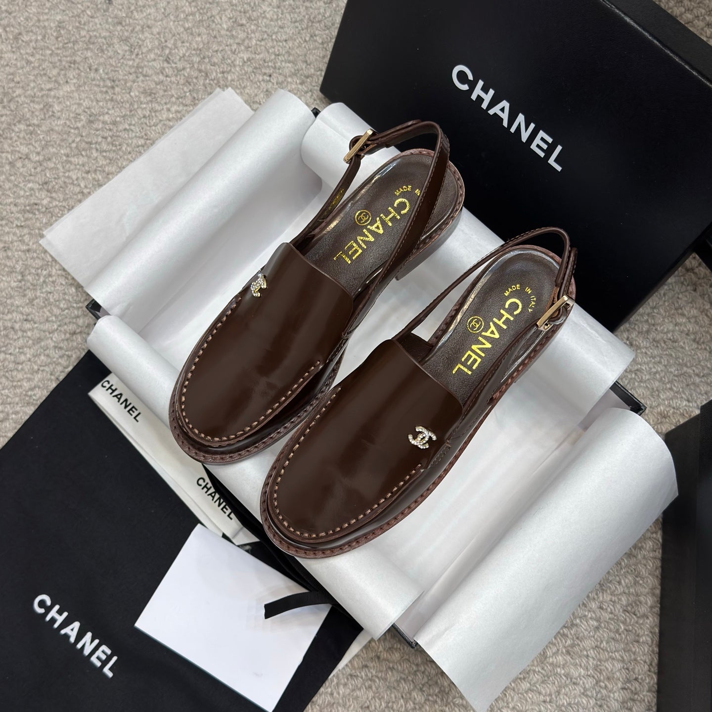 CHANEL 25C Slingback Loafer Chocolate Patent Leather