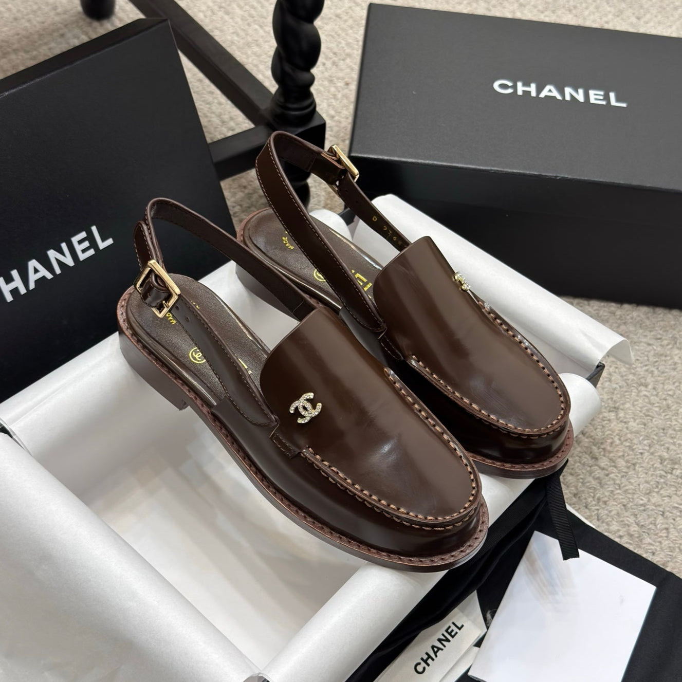 CHANEL 25C Slingback Loafer Chocolate Patent Leather
