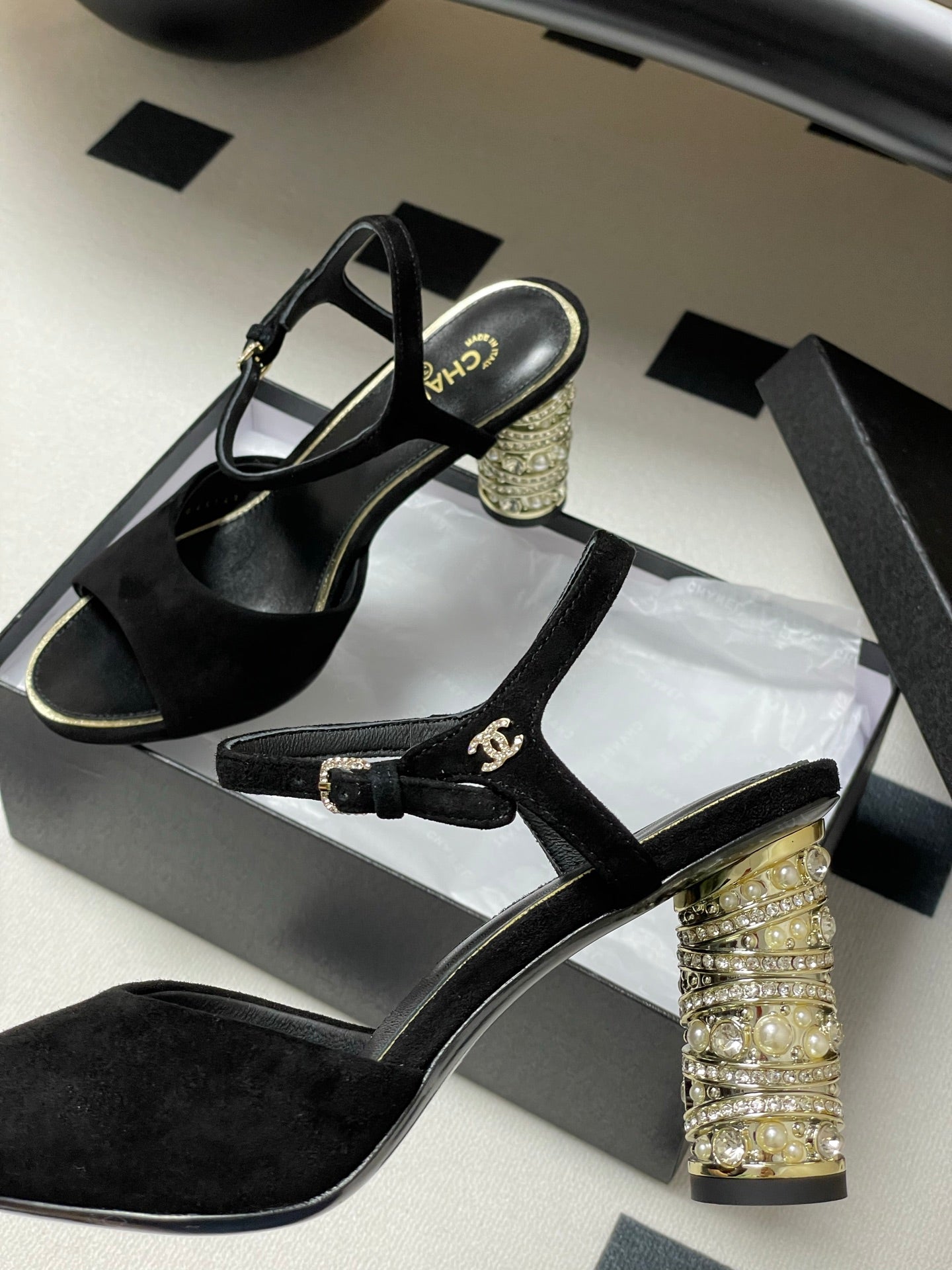 CHANEL 25p Slingback Heel 8cm Black Suede