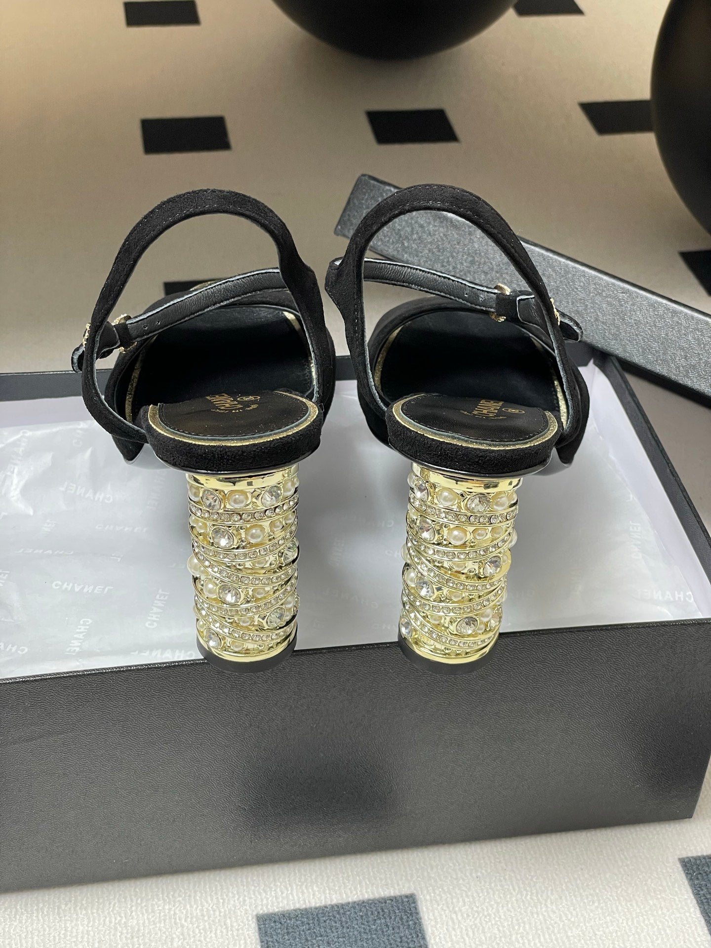 CHANEL 25p Slingback Heel 8cm Black Suede