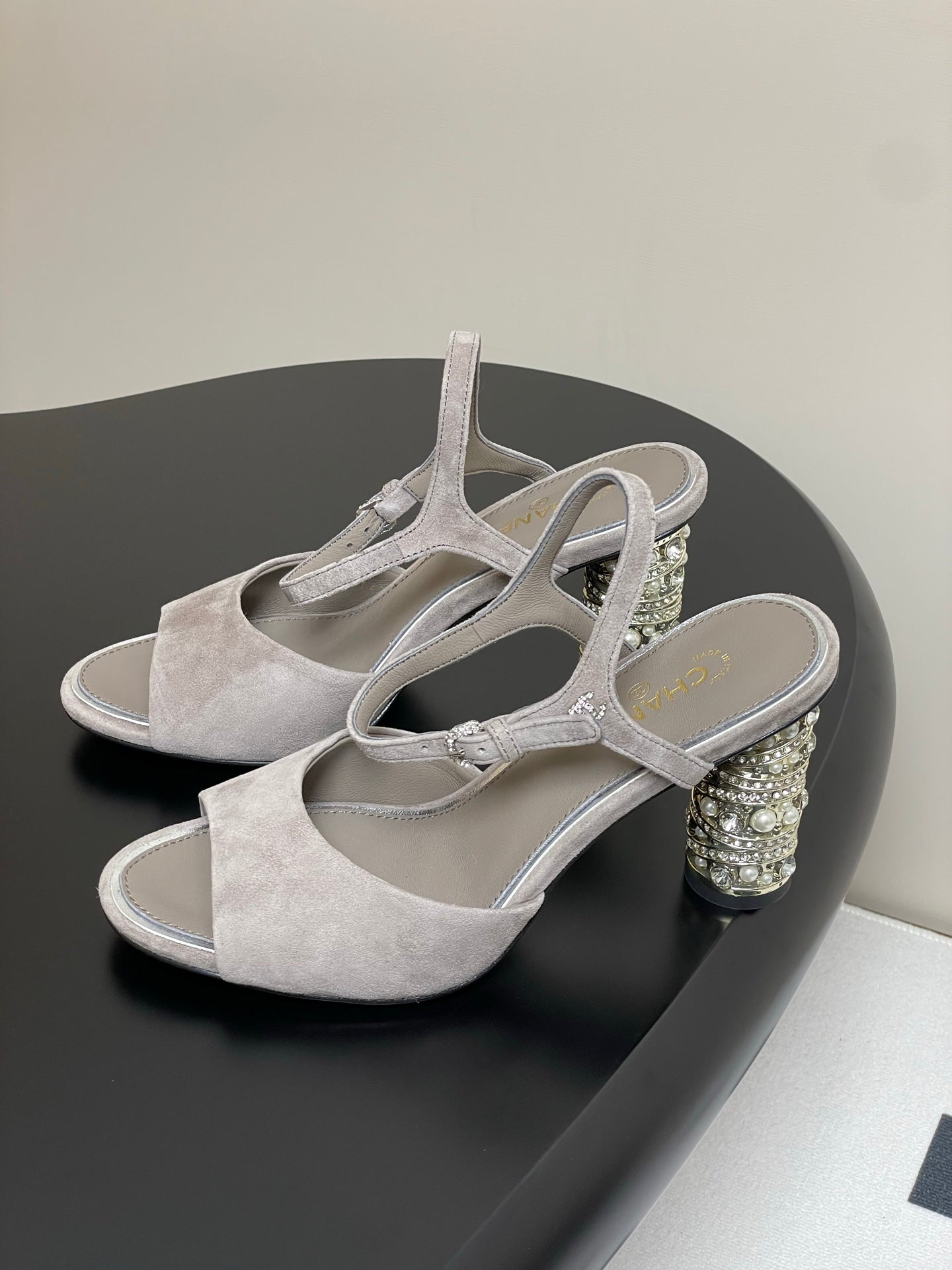 CHANEL 25p Slingback Heel 8cm Grey Suede