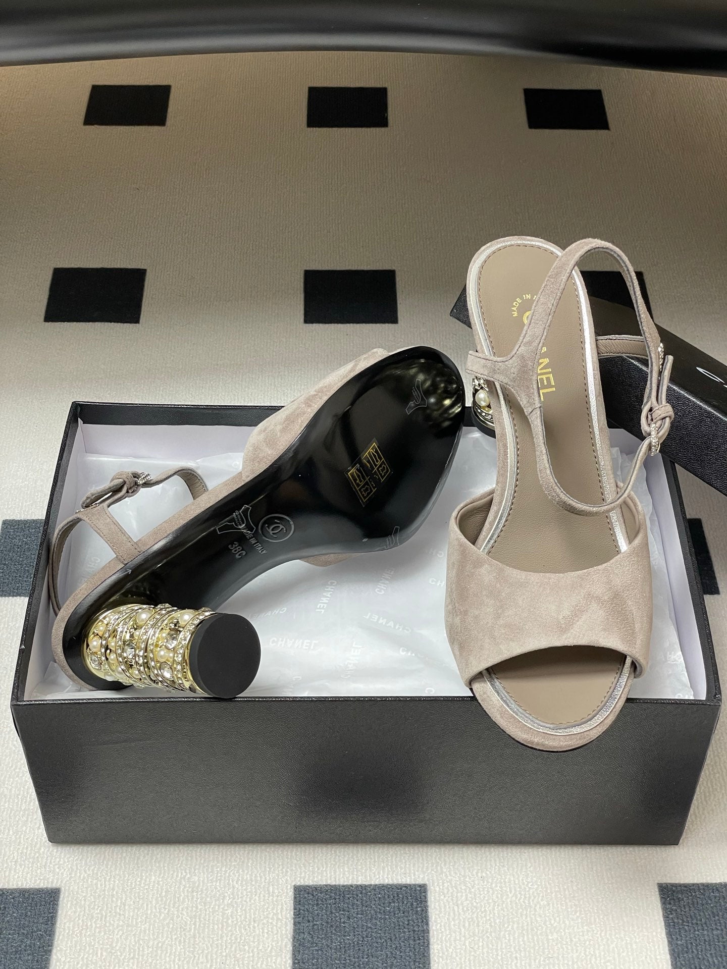 CHANEL 25p Slingback Heel 8cm Grey Suede