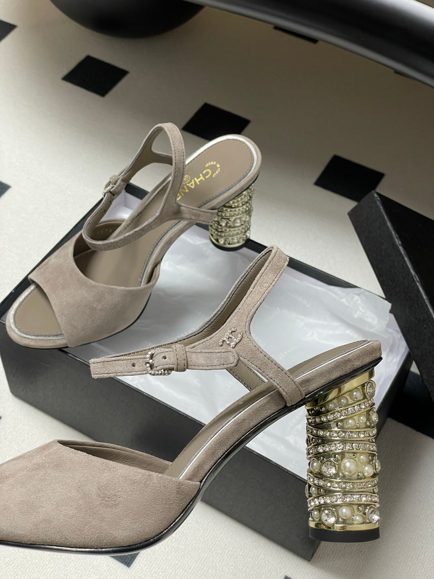 CHANEL 25p Slingback Heel 8cm Grey Suede