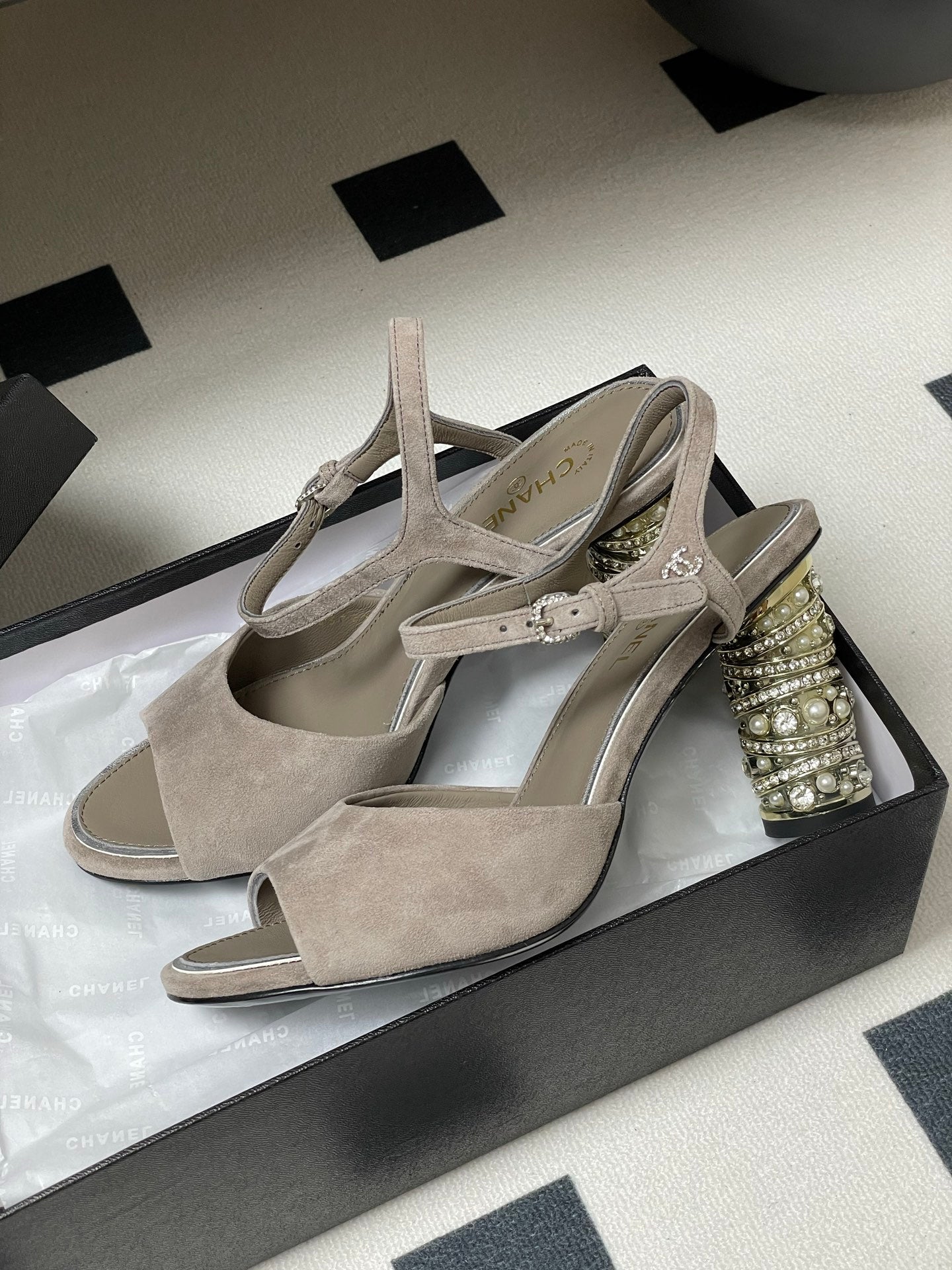 CHANEL 25p Slingback Heel 8cm Grey Suede