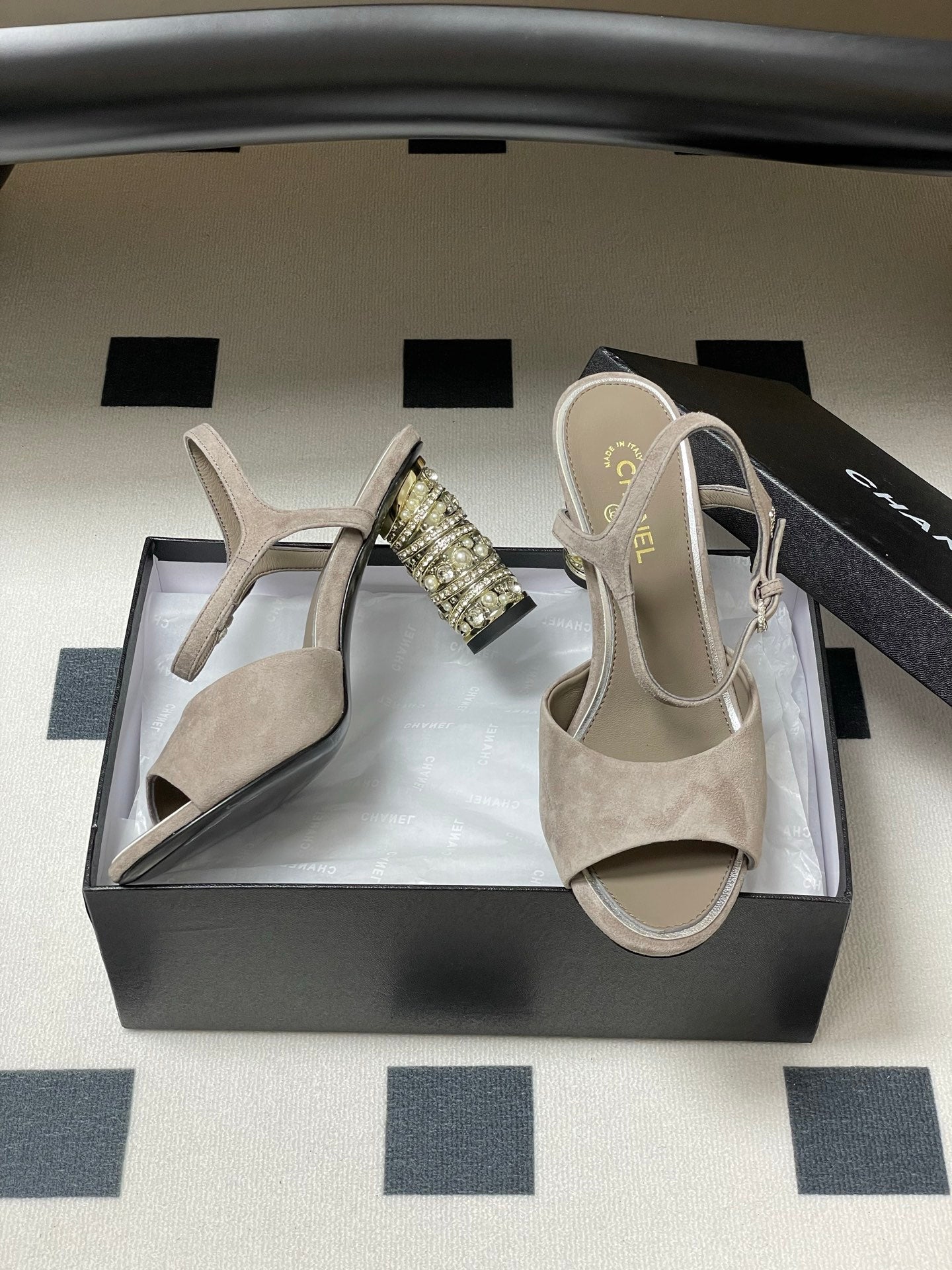 CHANEL 25p Slingback Heel 8cm Grey Suede