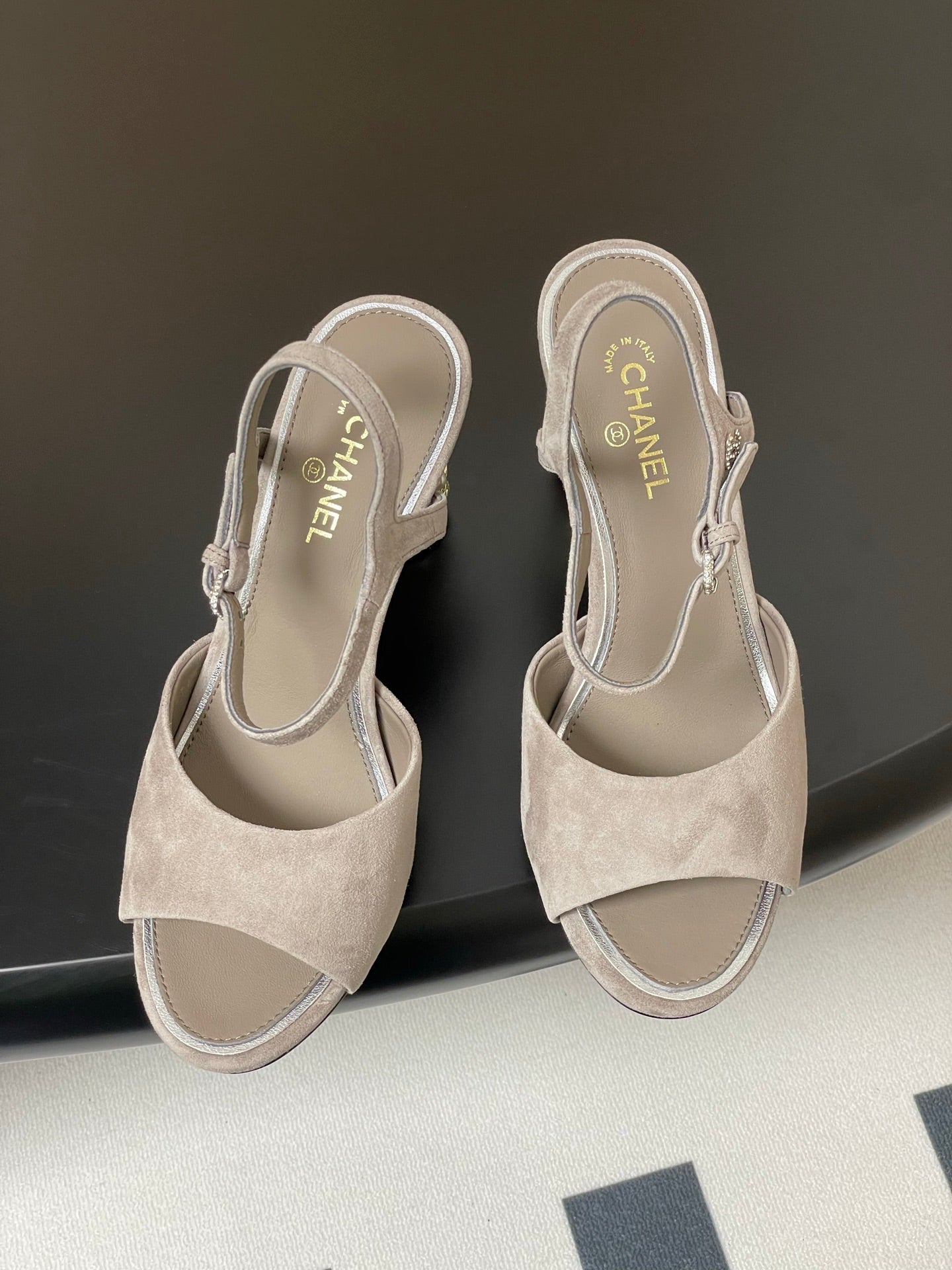 CHANEL 25p Slingback Heel 8cm Grey Suede
