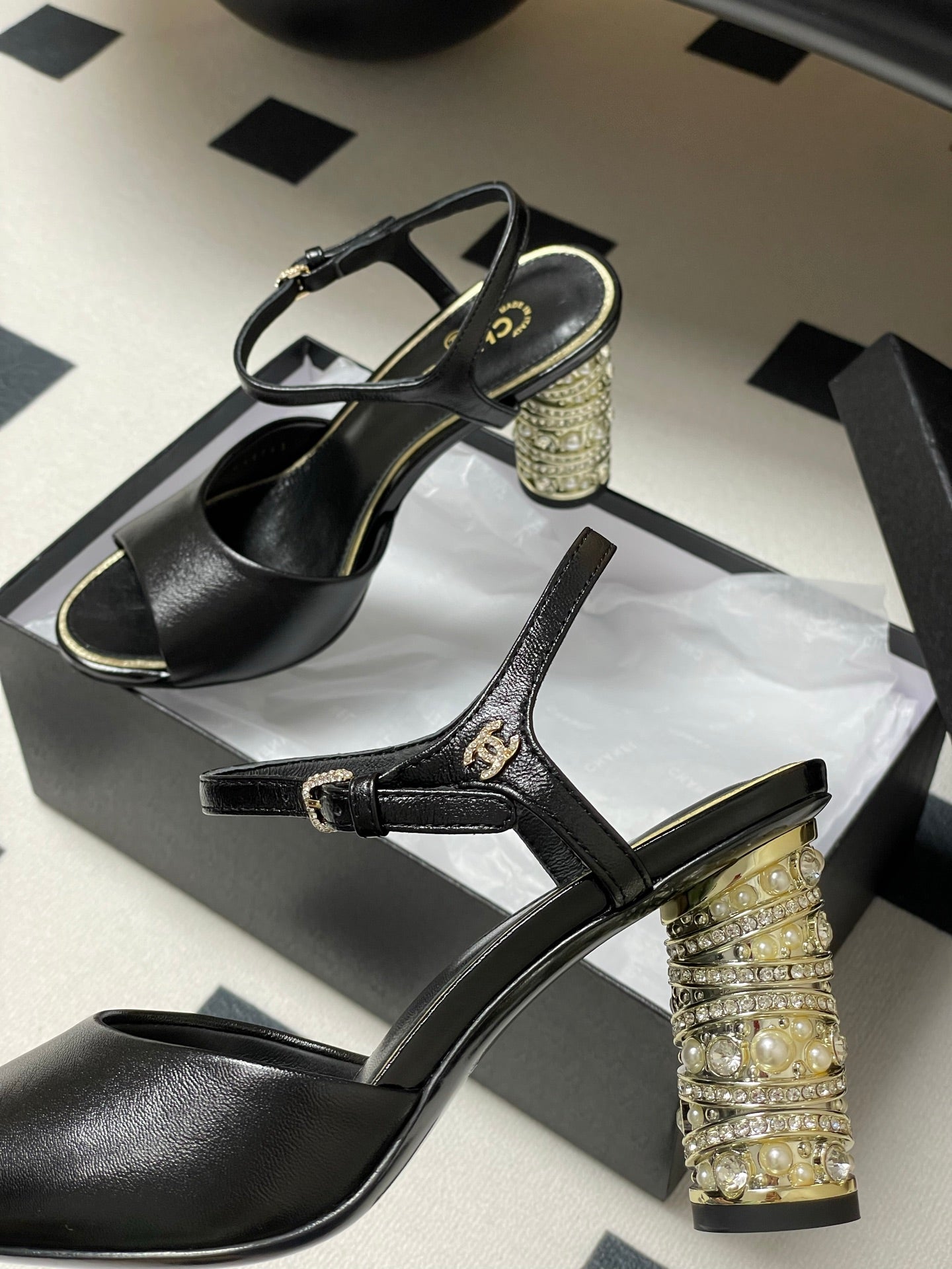 CHANEL 25p Slingback Heel 8cm Black Calfskin
