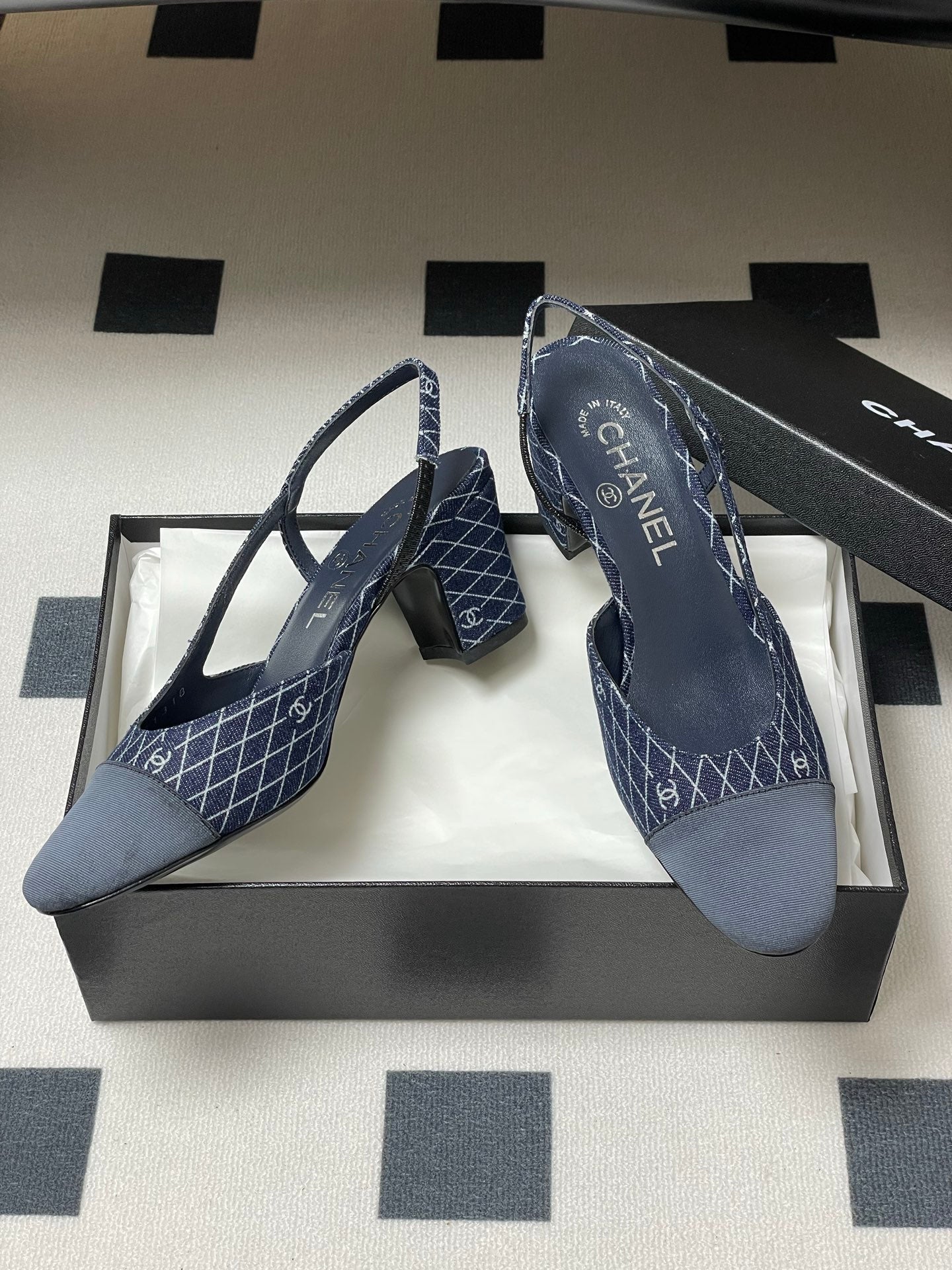 CHANEL 25P Blue Black Quilted Denim