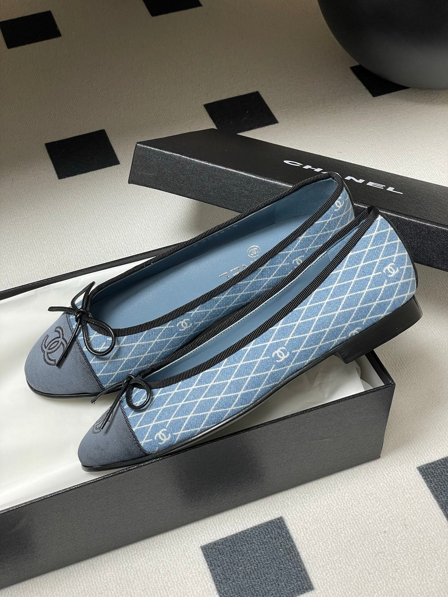 CHANEL 25P Light Blue Black Quilted Denim