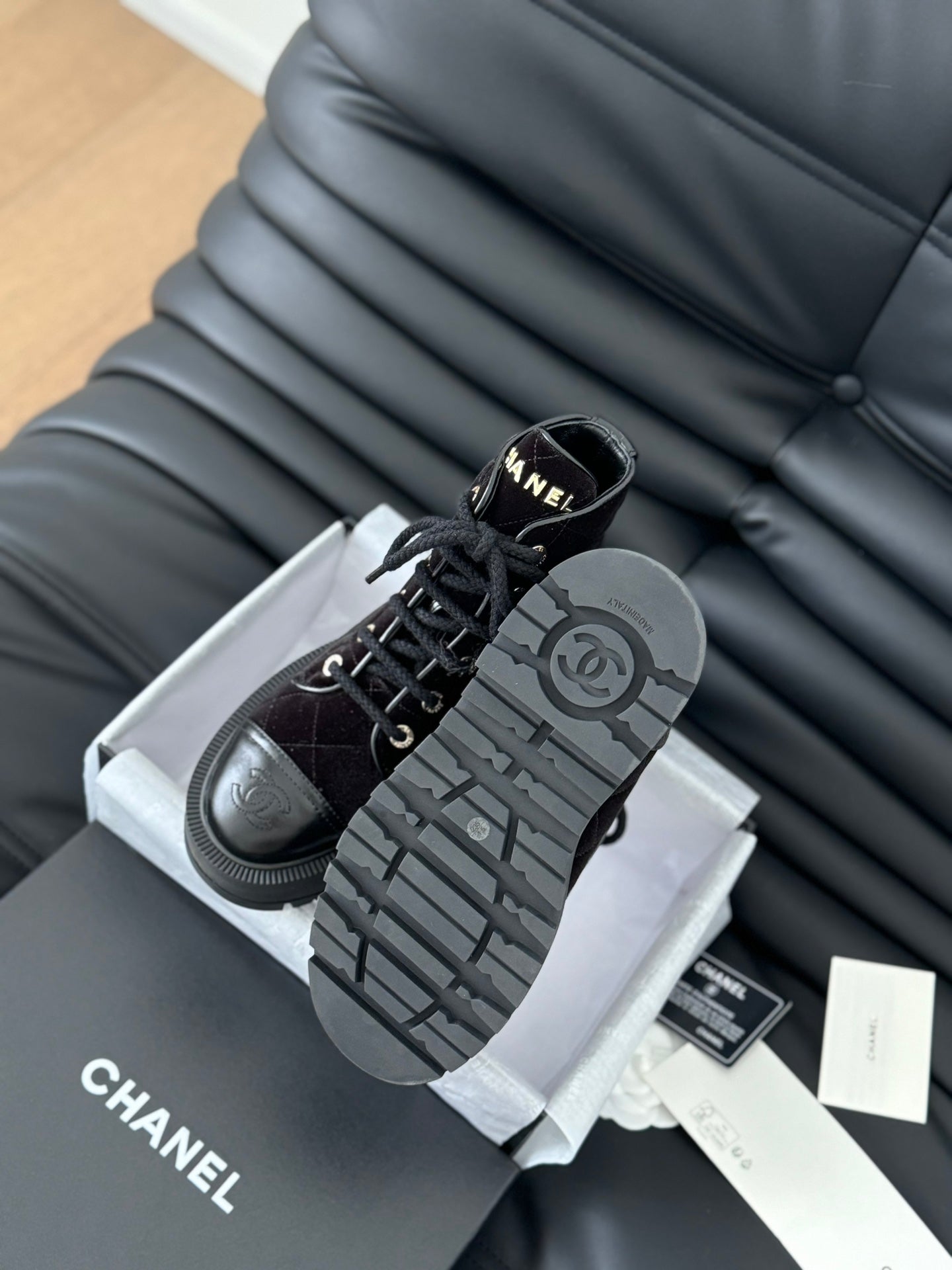 CHANEL ankle boots dark red velvet quilted lambskin