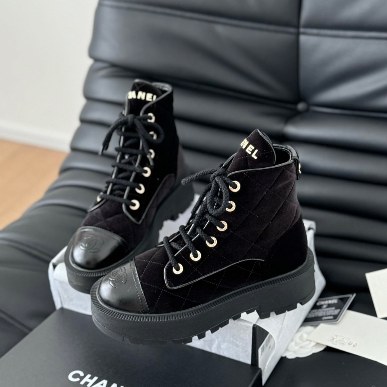 CHANEL ankle boots dark red velvet quilted lambskin