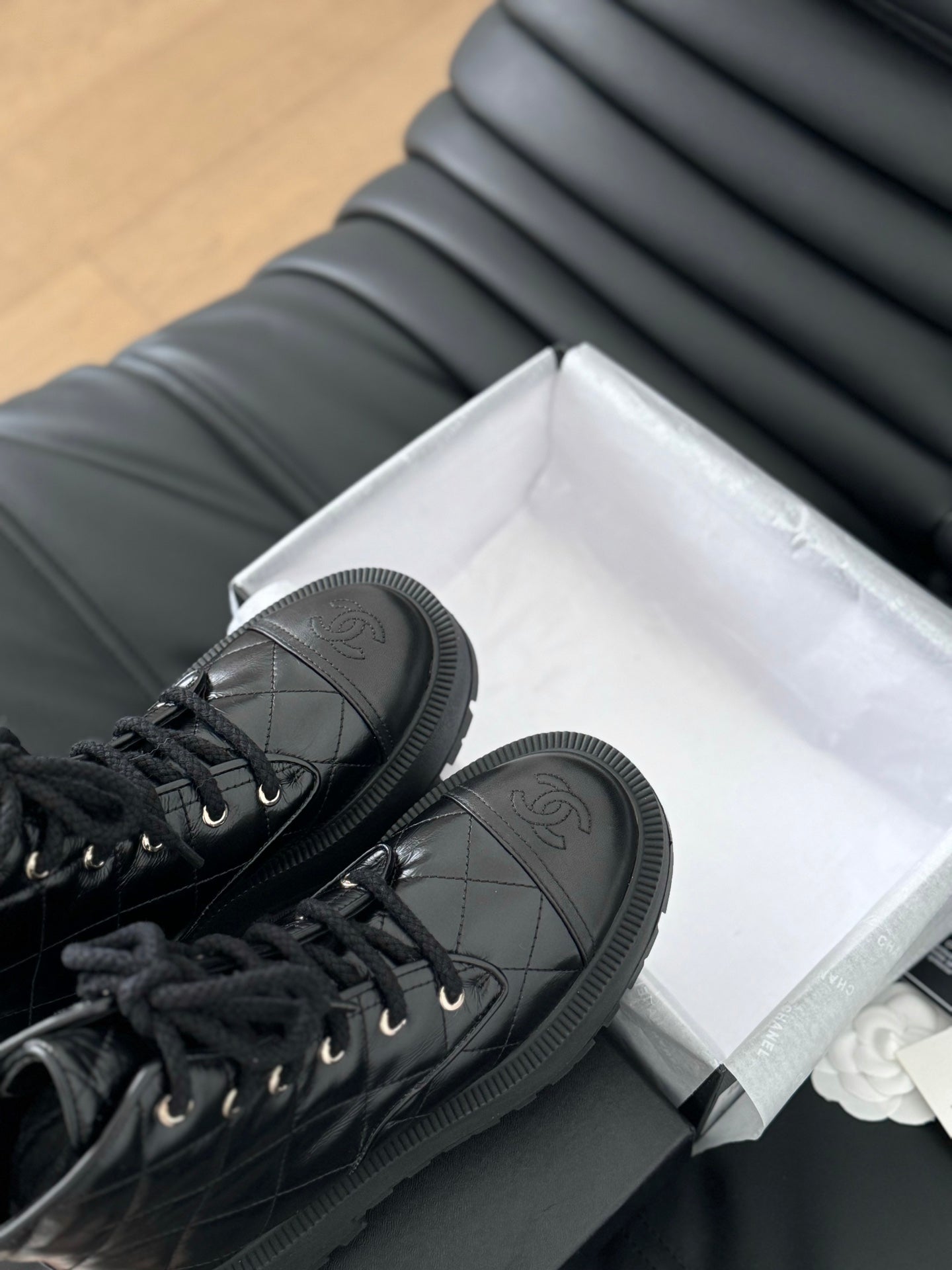 CHANEL ankle boots black quilted patent lambskin