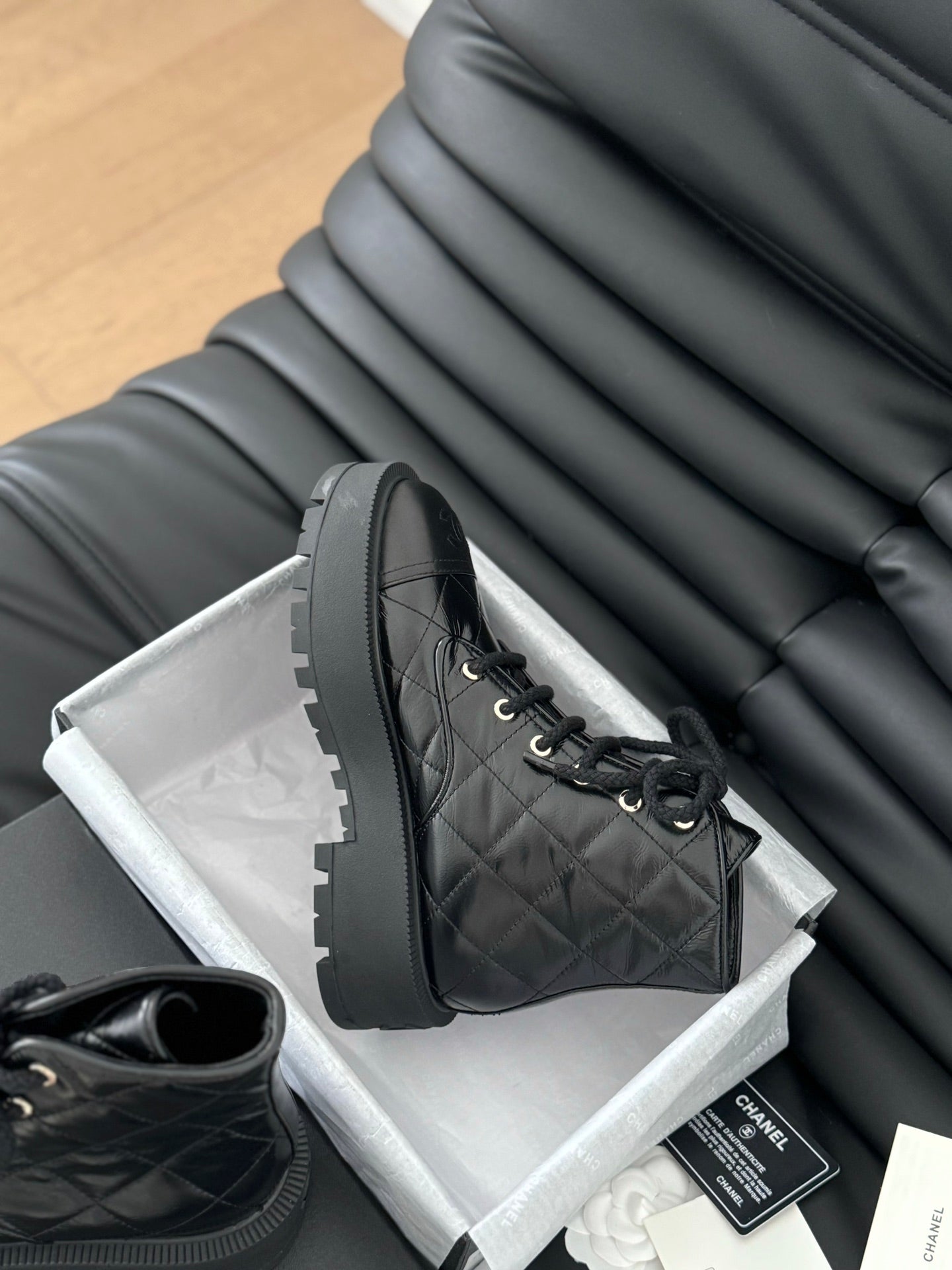 CHANEL ankle boots black quilted patent lambskin