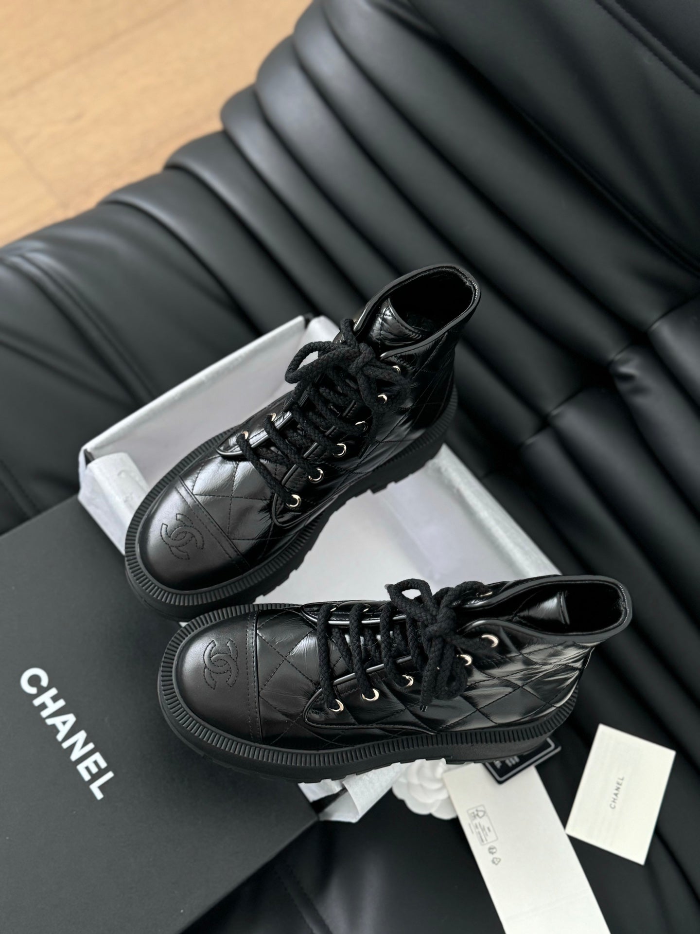 CHANEL ankle boots black quilted patent lambskin