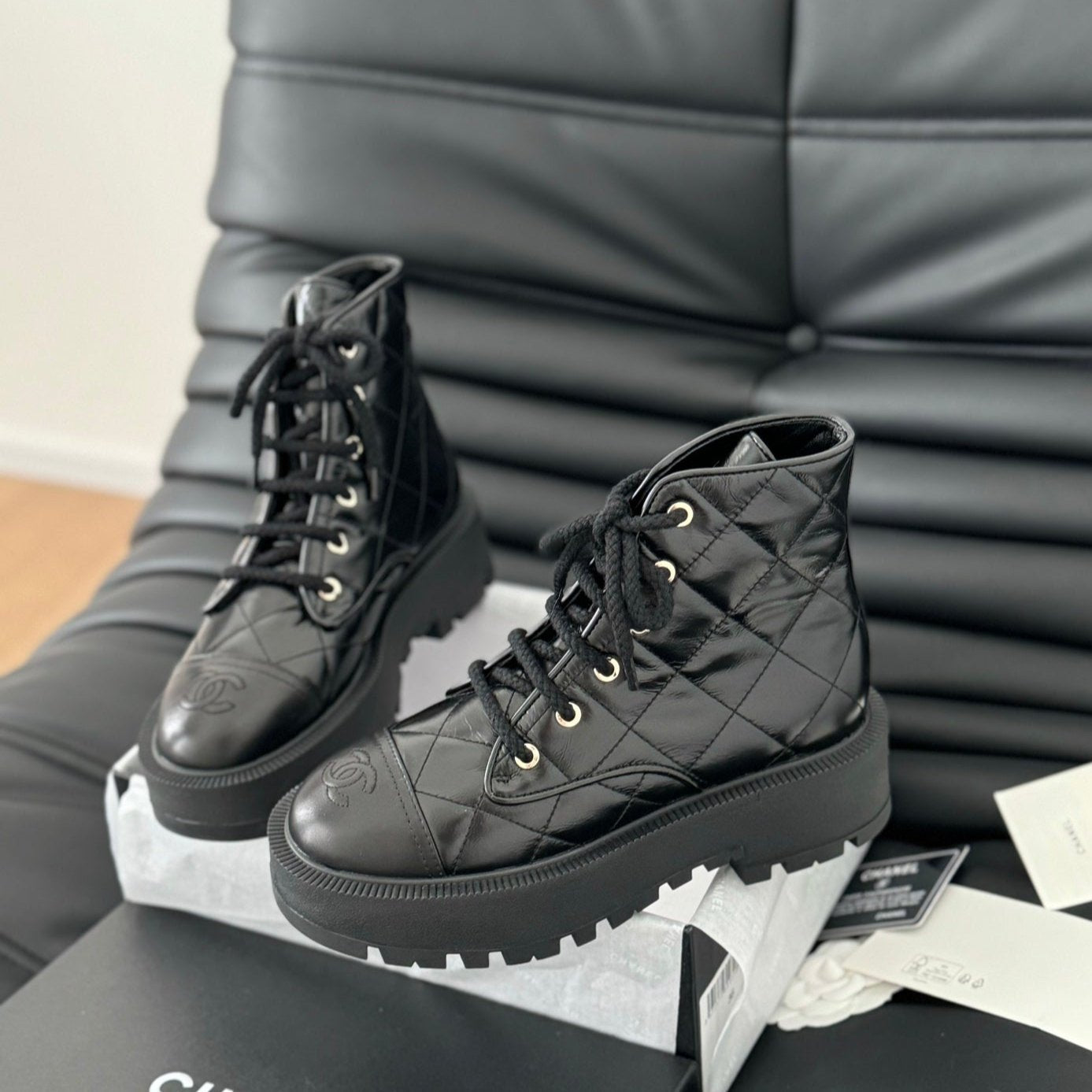 CHANEL ankle boots black quilted patent lambskin