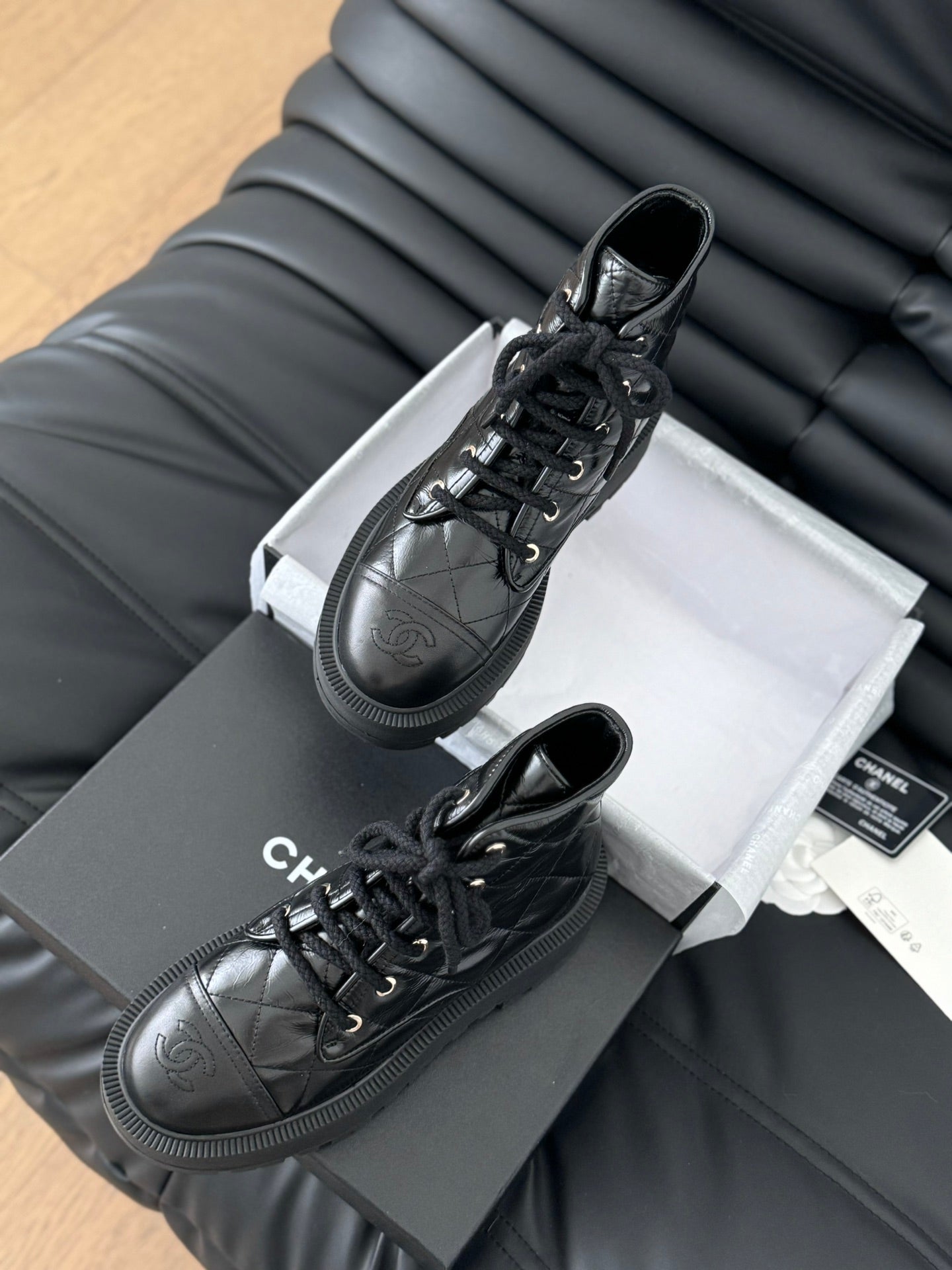 CHANEL ankle boots black quilted patent lambskin