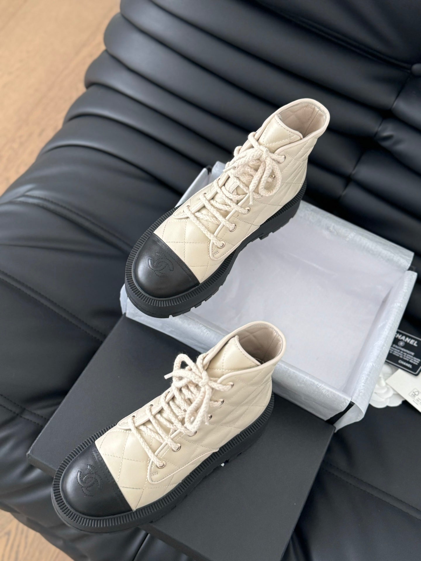 CHANEL ankle boots cream quilted lambskin
