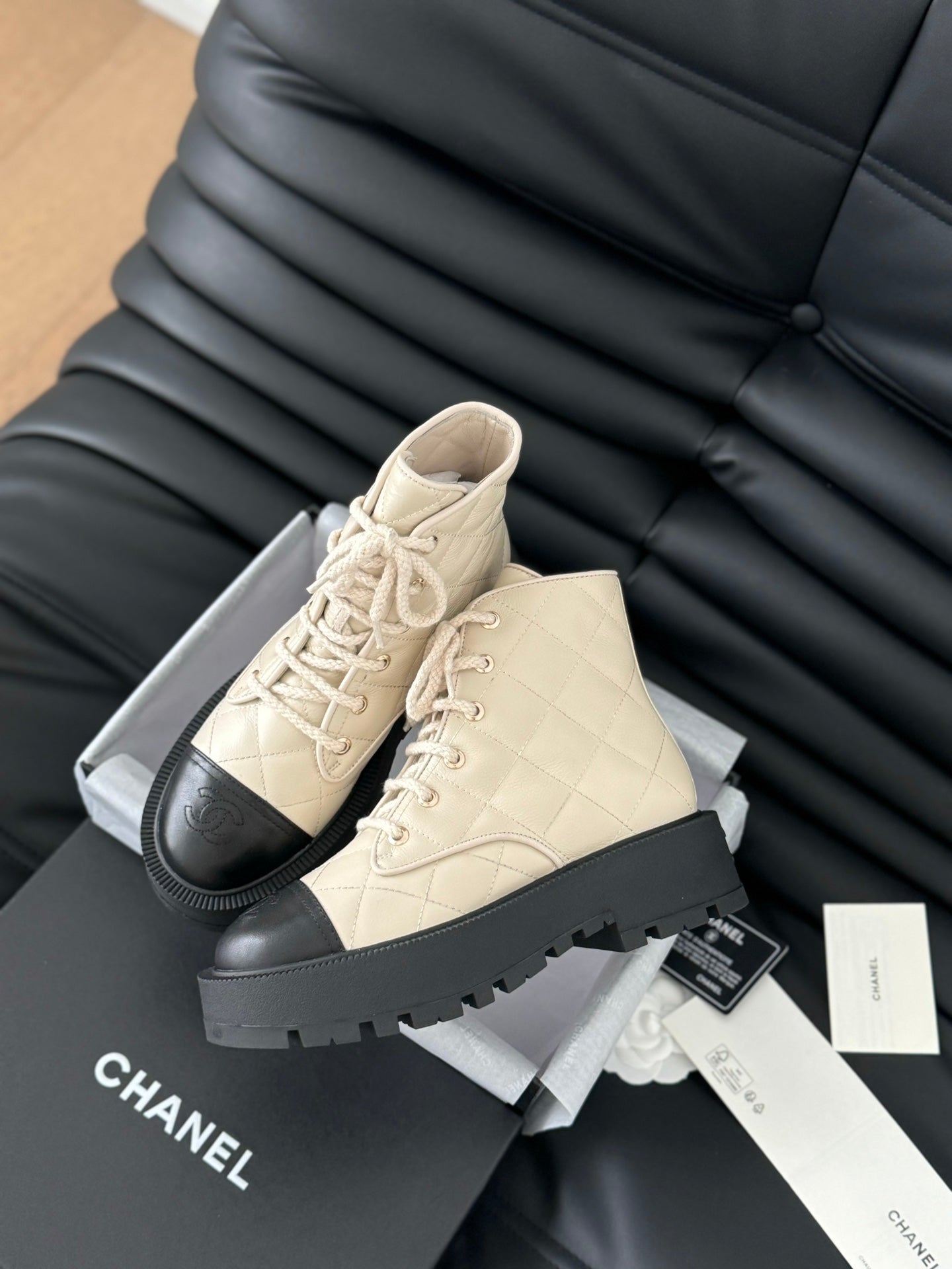 CHANEL ankle boots cream quilted lambskin