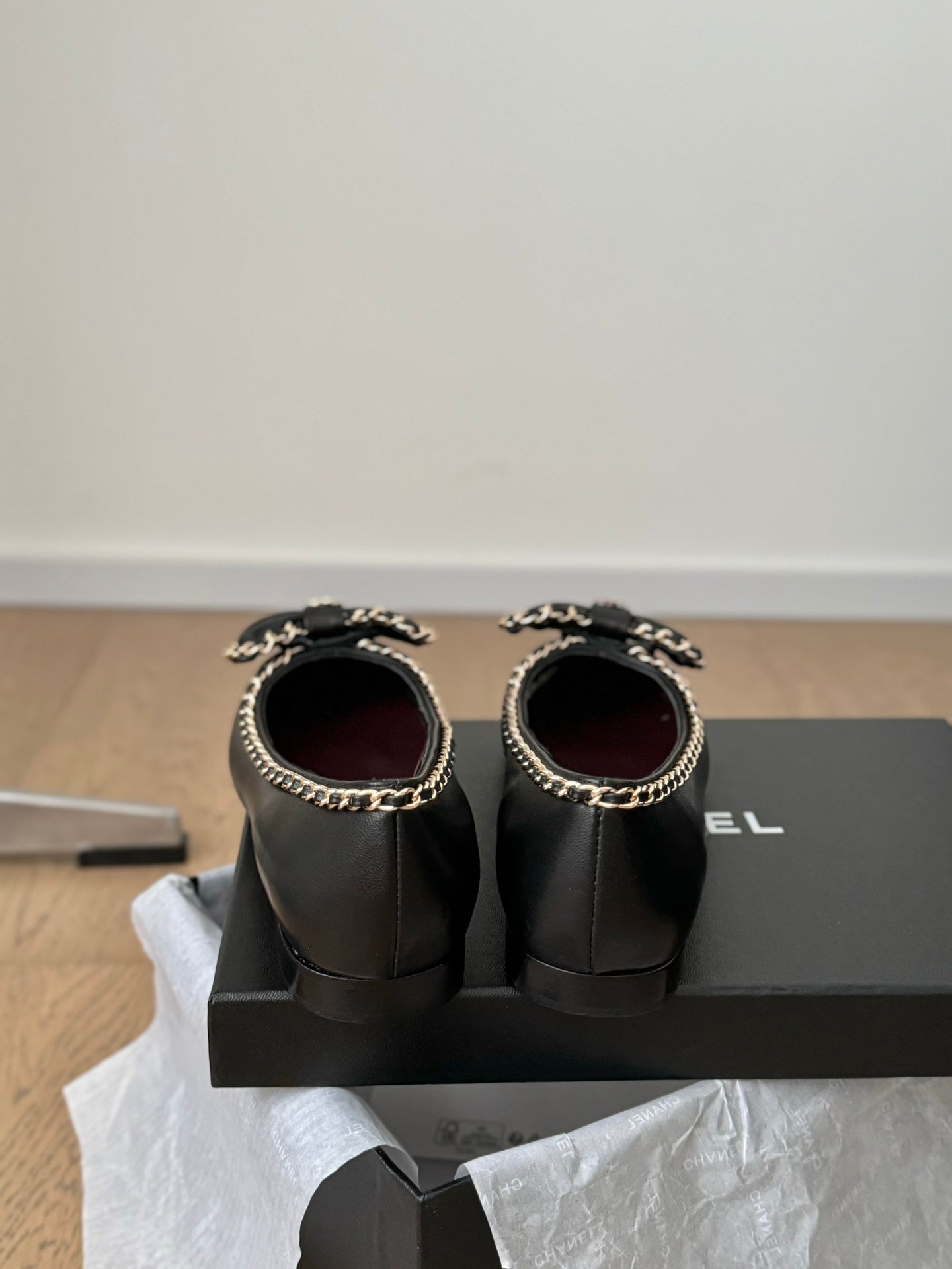 CHANEL Ballet Flats 25mm Black Chain Lambskin