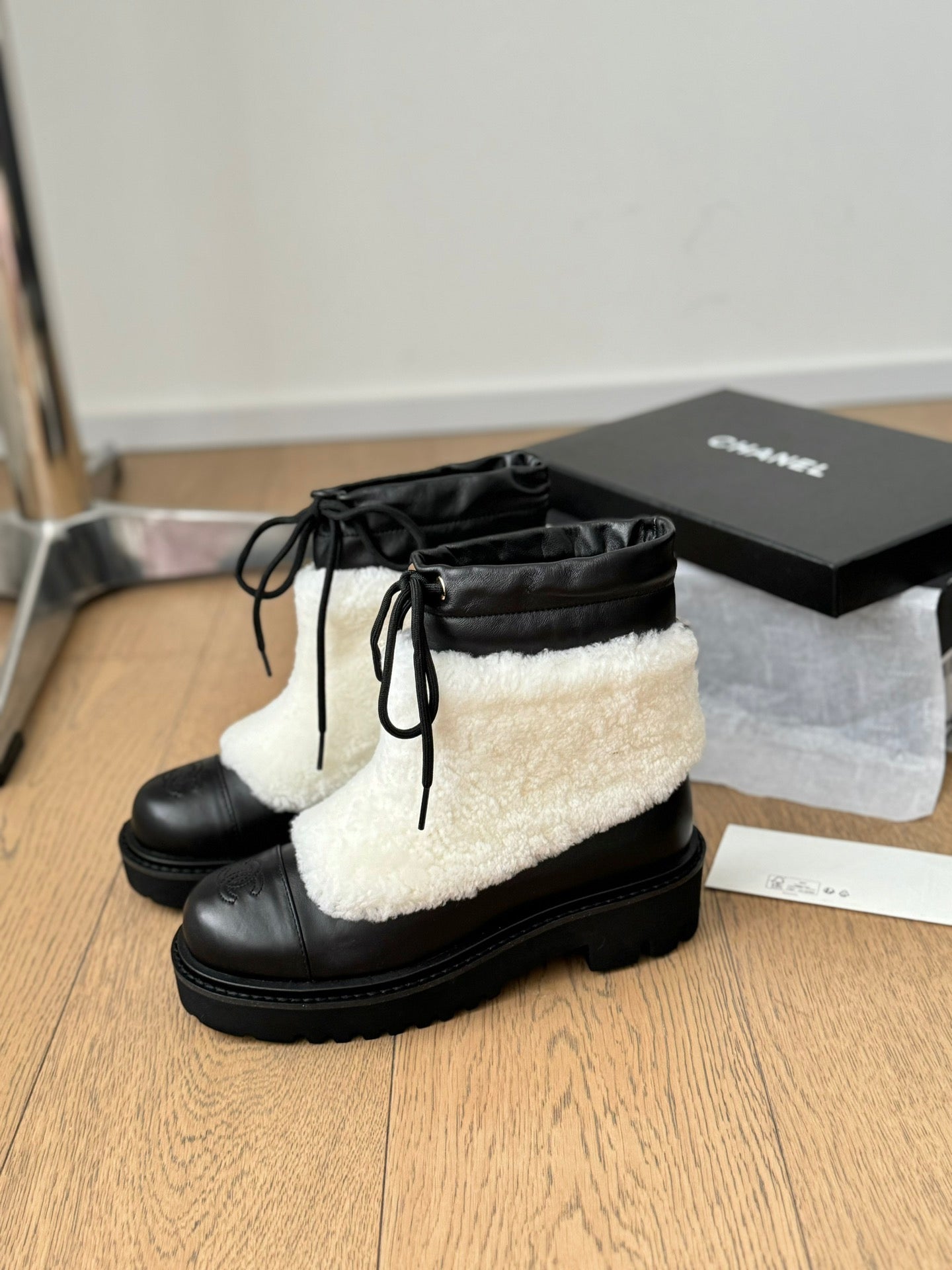 CHANEL Ankle Boots Black Mix White Calfskin And Fleece