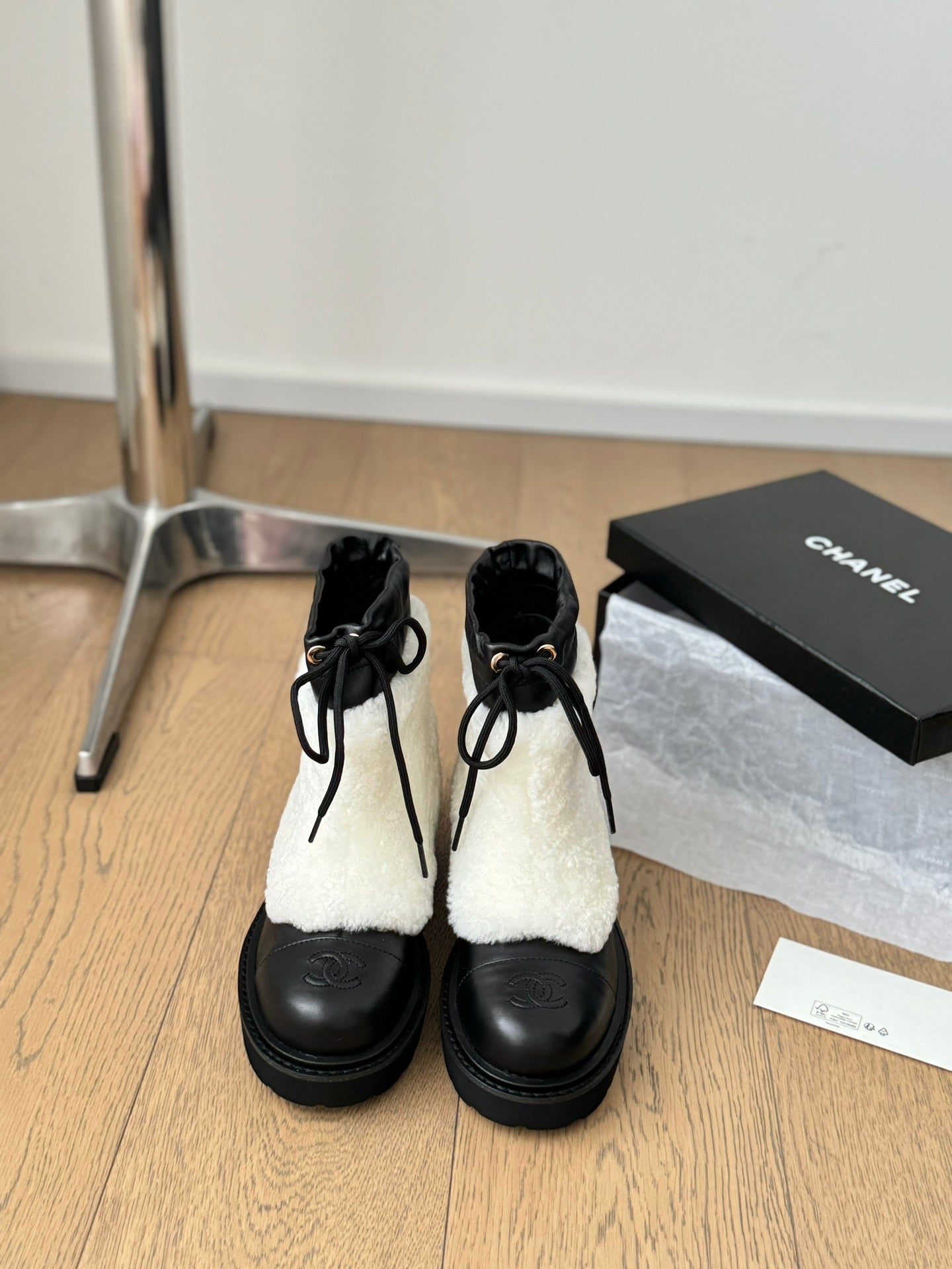 CHANEL Ankle Boots Black Mix White Calfskin And Fleece