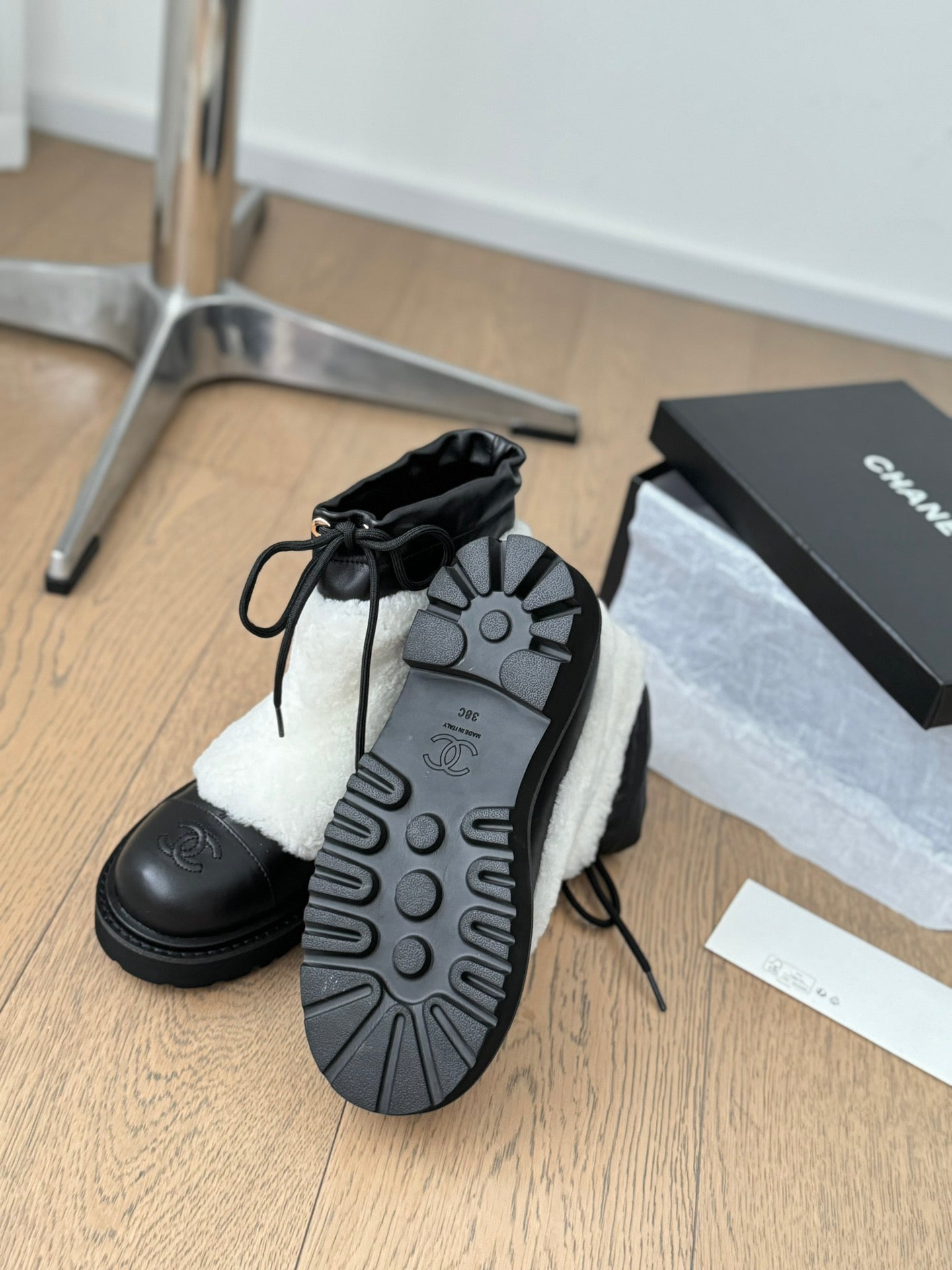 CHANEL Ankle Boots Black Mix White Calfskin And Fleece