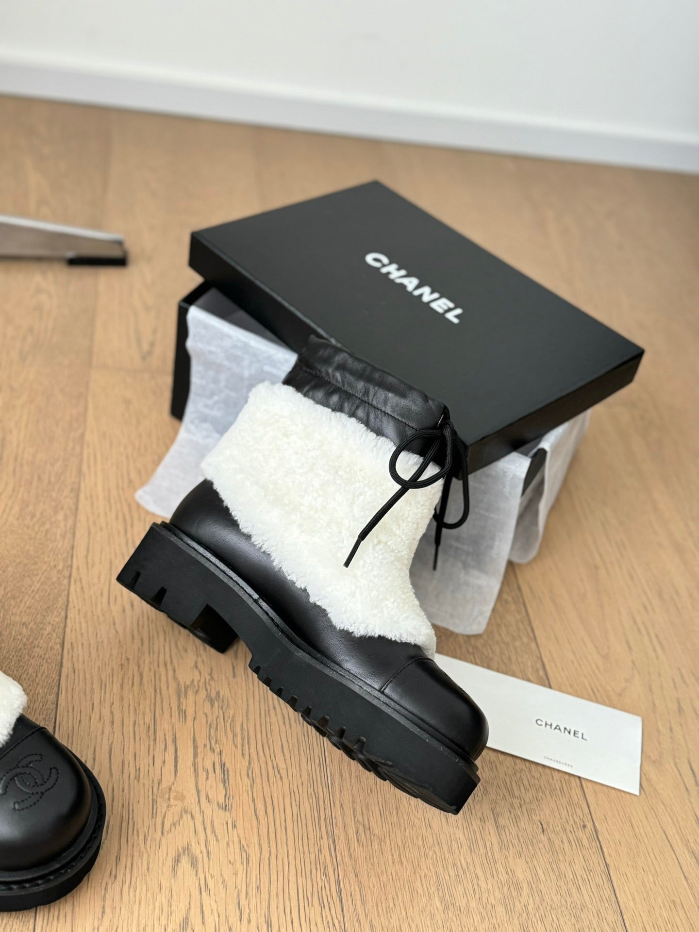 CHANEL Ankle Boots Black Mix White Calfskin And Fleece