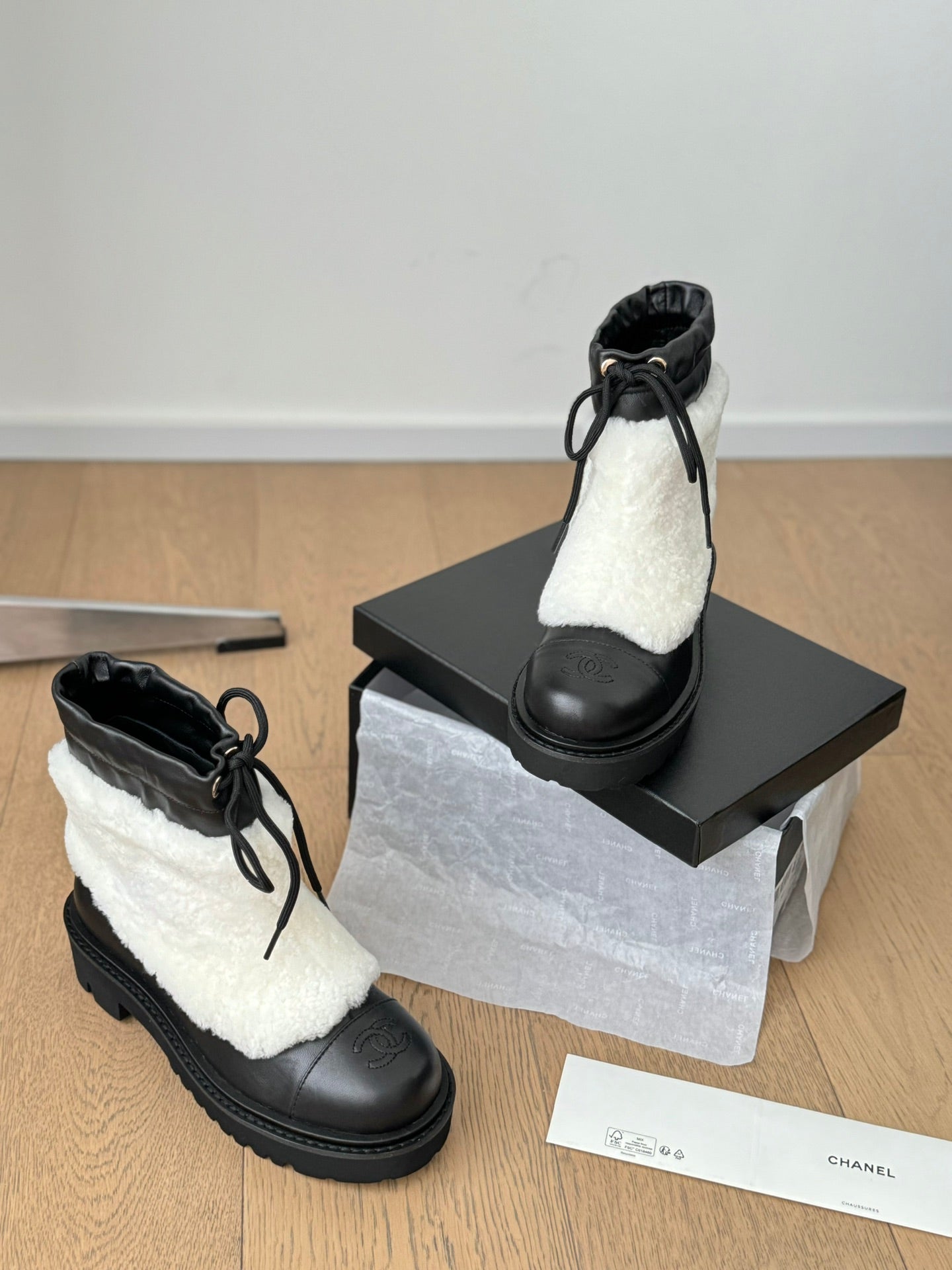 CHANEL Ankle Boots Black Mix White Calfskin And Fleece