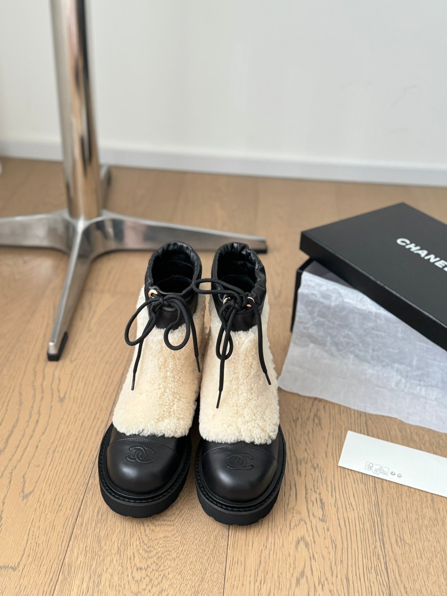CHANEL Ankle Boots Black Mix Light Beige Calfskin And Fleece