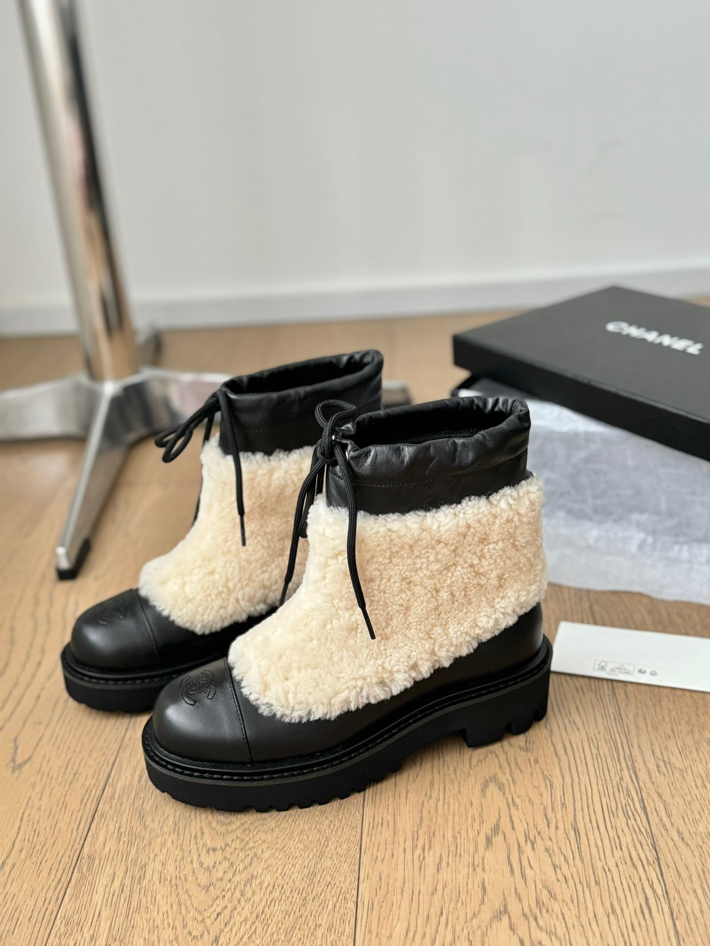 CHANEL Ankle Boots Black Mix Light Beige Calfskin And Fleece