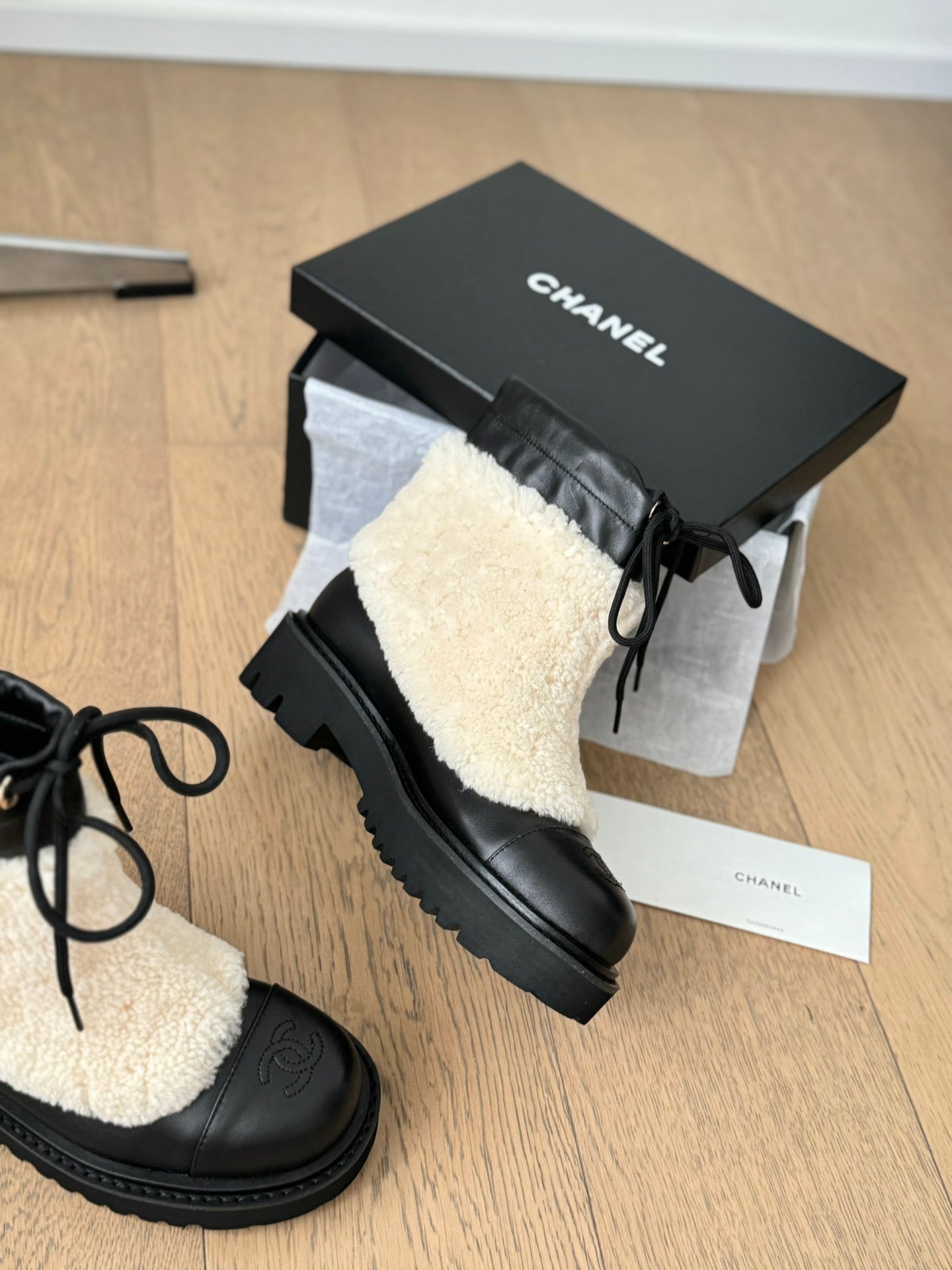 CHANEL Ankle Boots Black Mix Light Beige Calfskin And Fleece