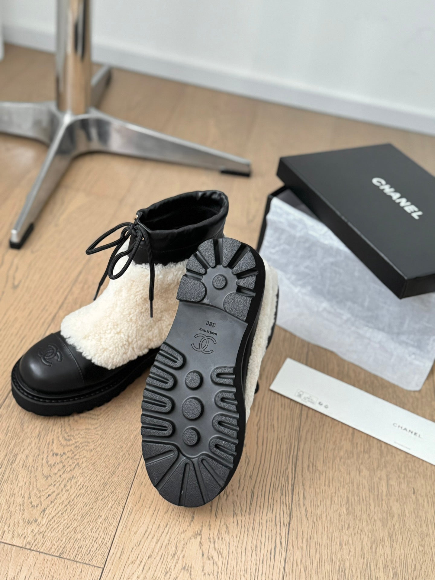 CHANEL Ankle Boots Black Mix Light Beige Calfskin And Fleece