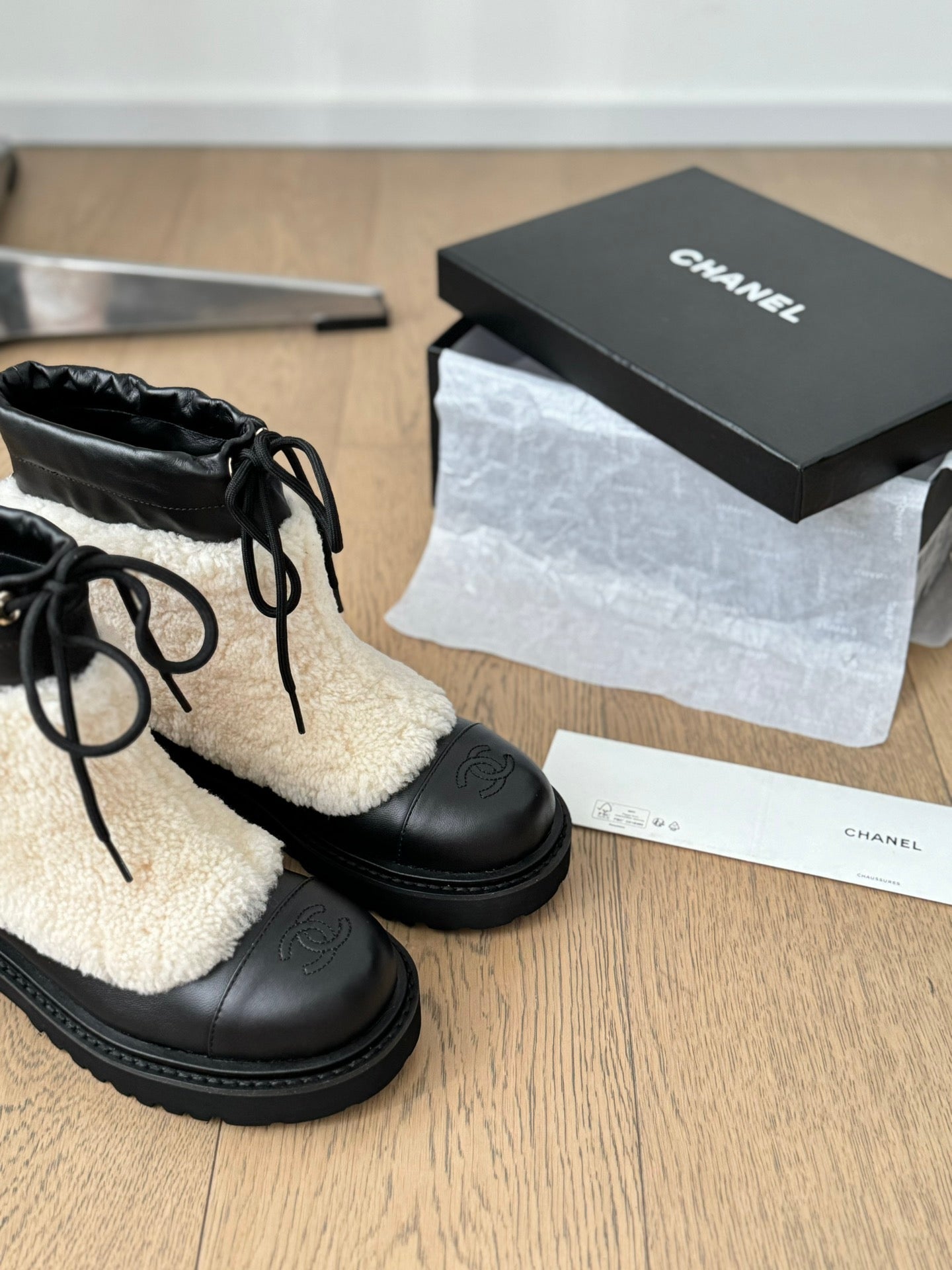 CHANEL Ankle Boots Black Mix Light Beige Calfskin And Fleece